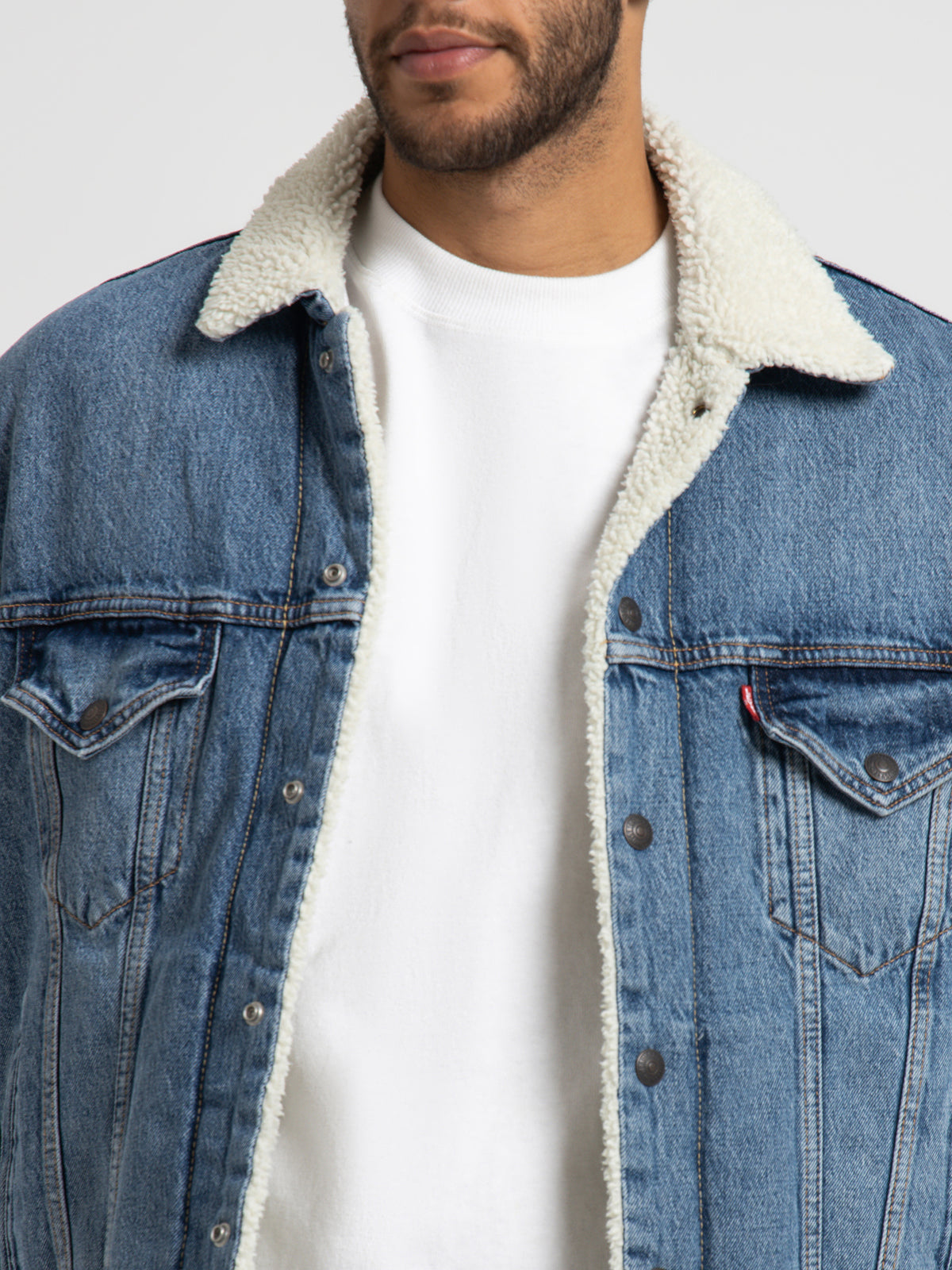 Levis Vintage Fit Sherpa Trucker Jacket in Disco Lady Blue Stonewash | Blue Stone