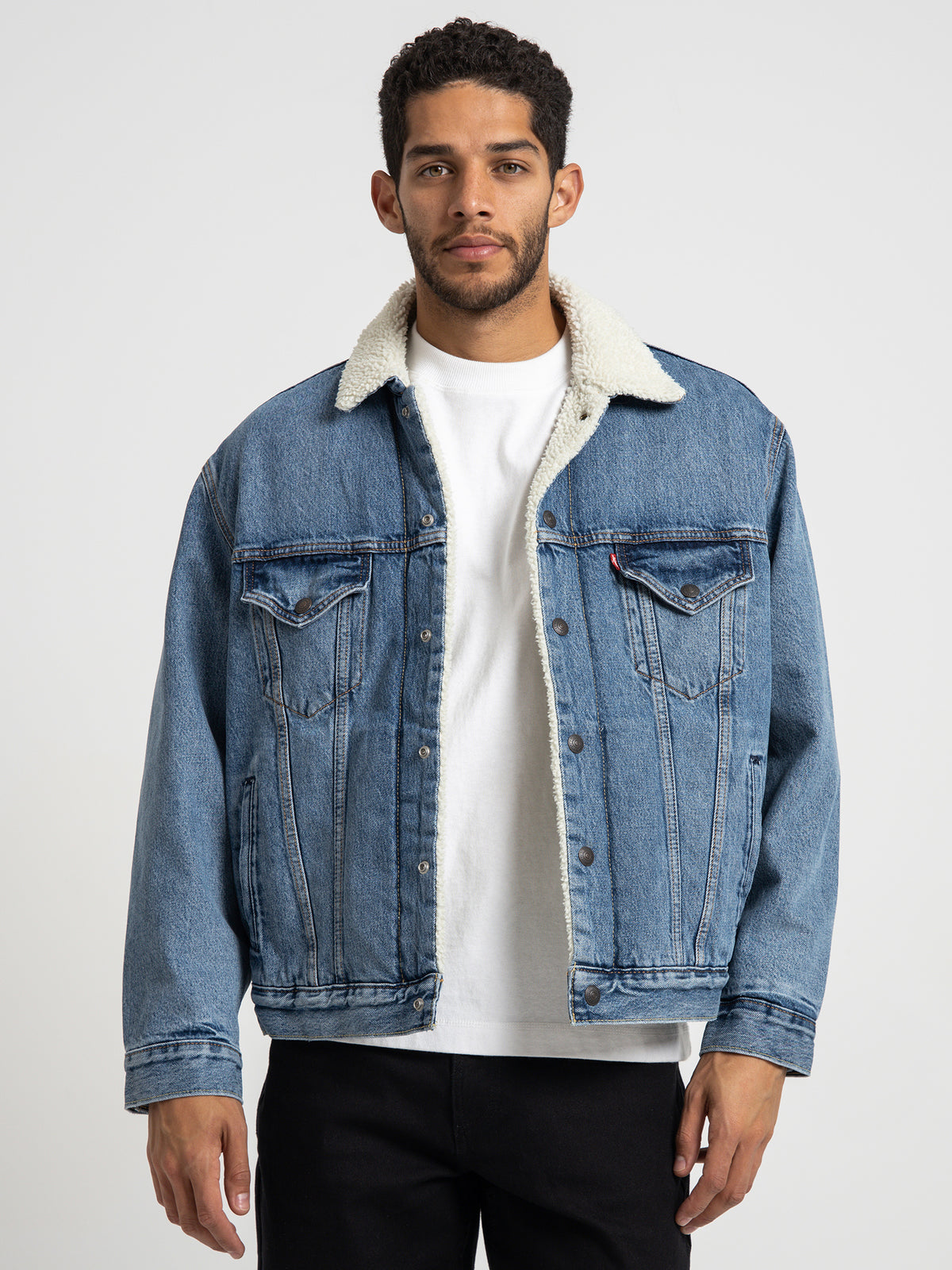 Levis Vintage Fit Sherpa Trucker Jacket in Disco Lady Blue Stonewash | Blue Stone