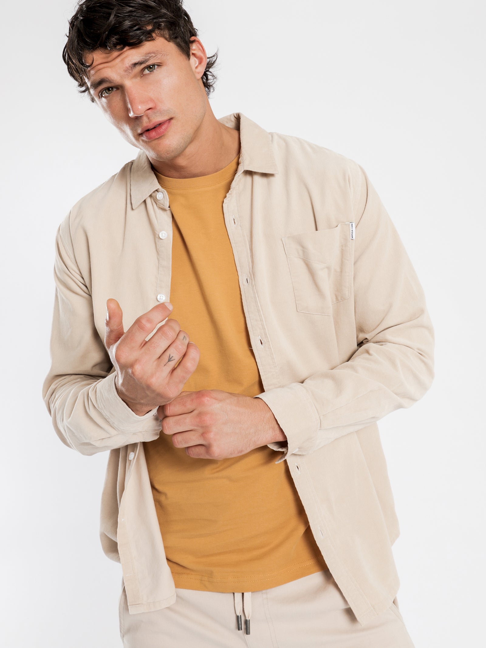 Axel Cord Long Sleeve Shirt in Stone