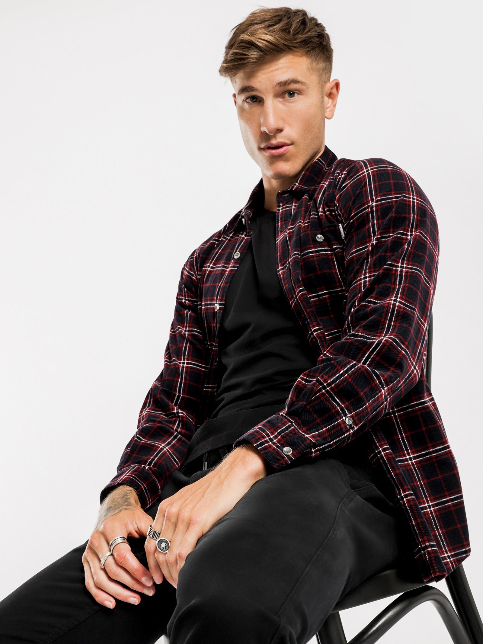 Bryan Cord Long Sleeve Shirt in Navy Plaid