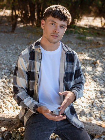 Bryan Cord Long Sleeve Shirt in Off White Plaid