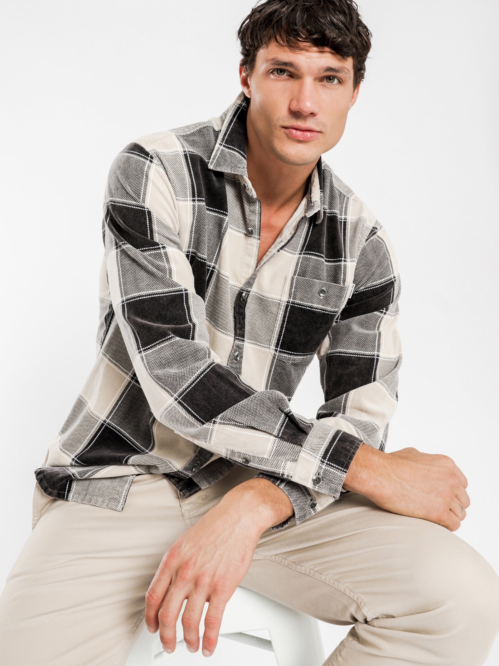 Bryan Cord Long Sleeve Shirt in Off White Plaid