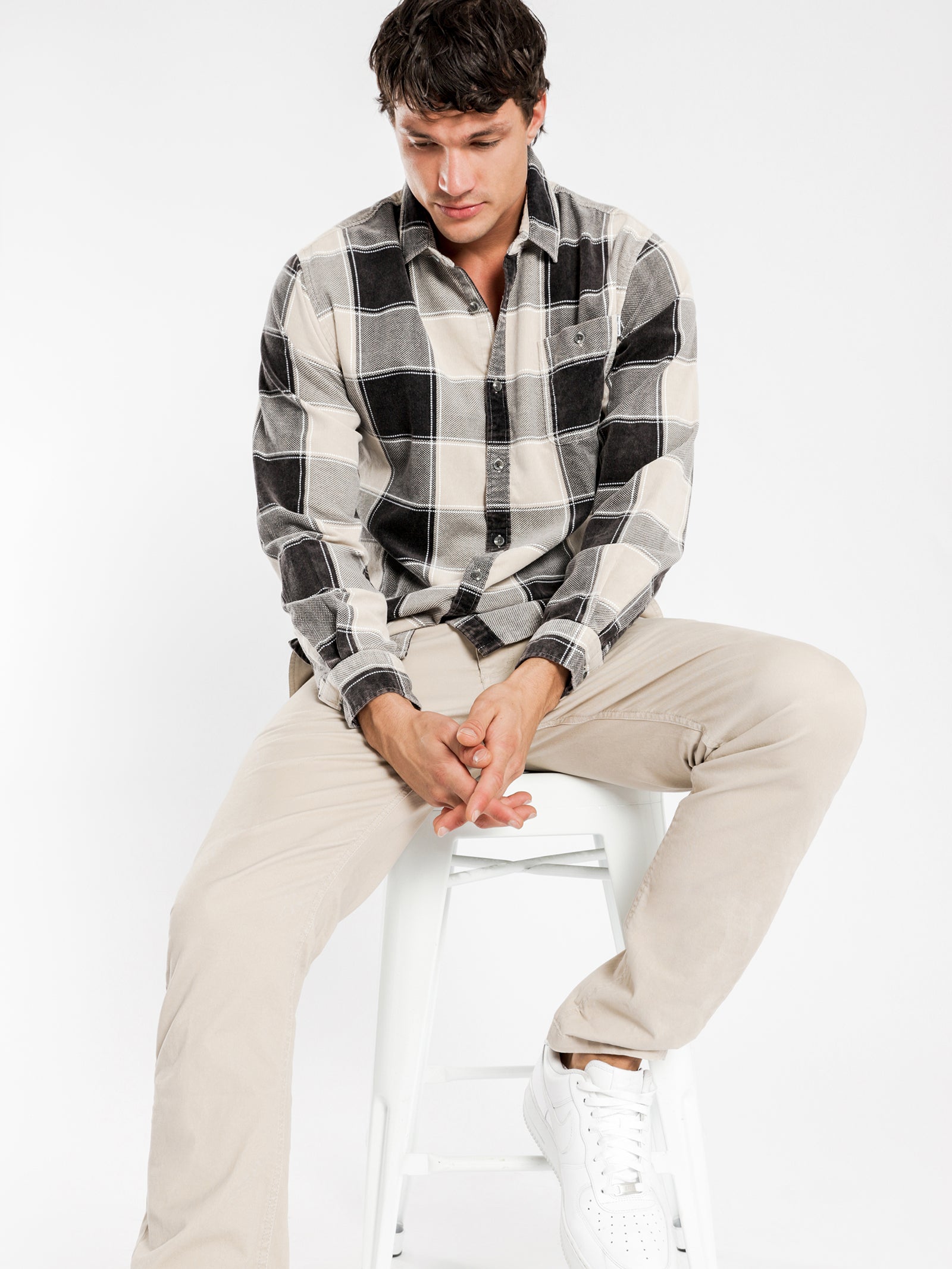 Bryan Cord Long Sleeve Shirt in Off White Plaid