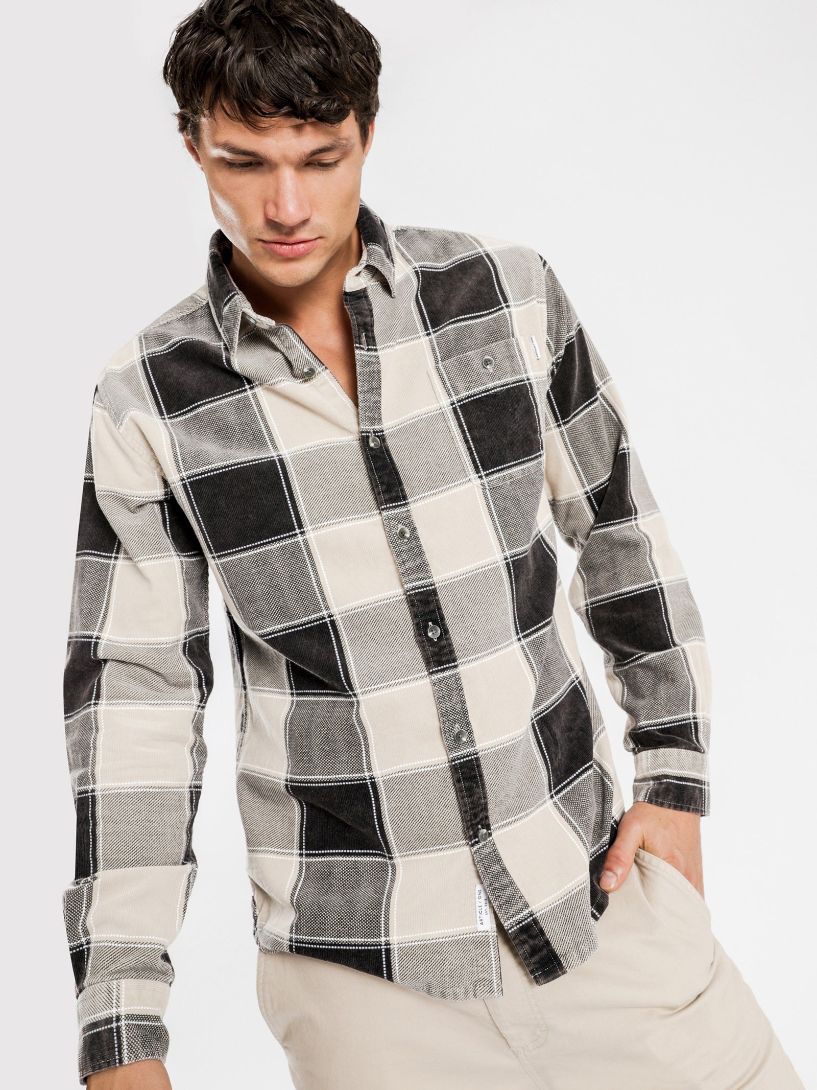 Bryan Cord Long Sleeve Shirt in Off White Plaid