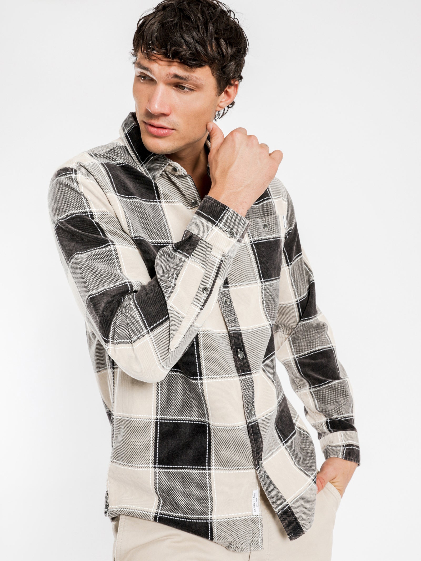 Bryan Cord Long Sleeve Shirt in Off White Plaid