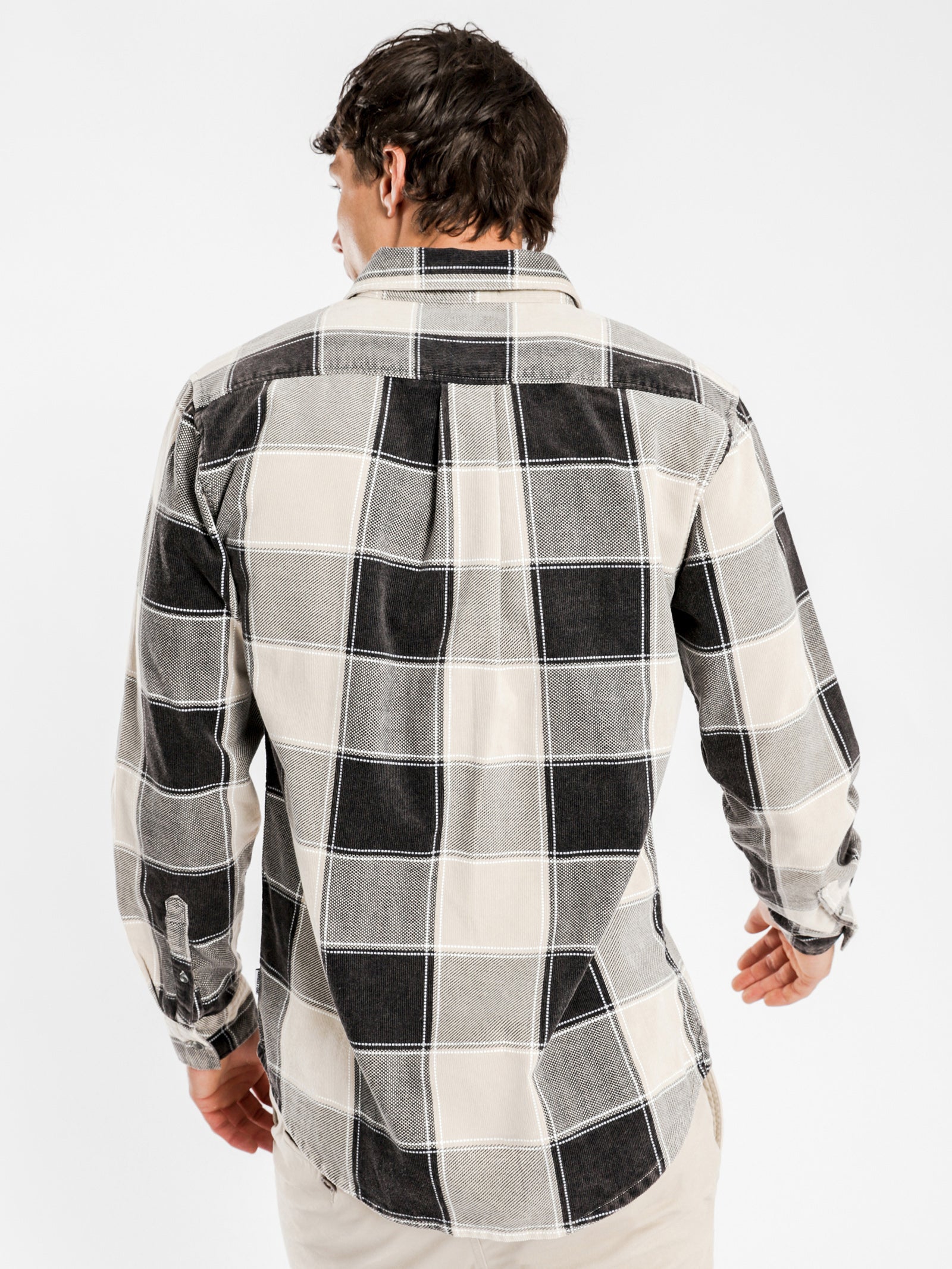 Bryan Cord Long Sleeve Shirt in Off White Plaid