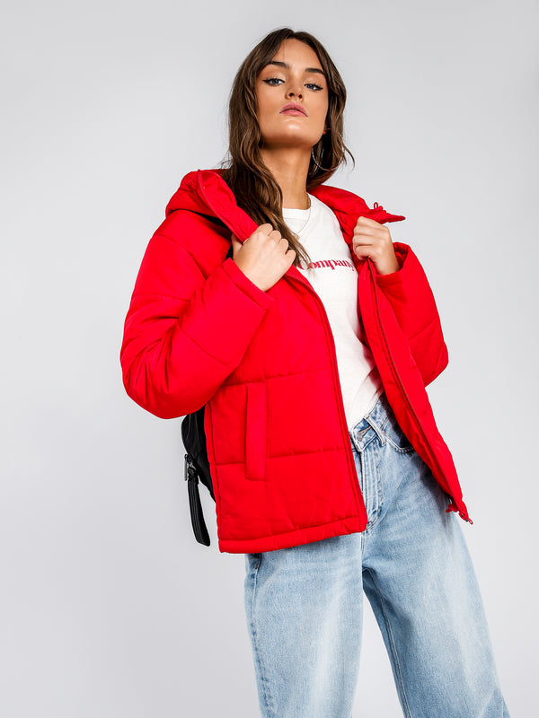 Beyond her Zion Hooded Puffer Jacket in Red Red | Glue Store