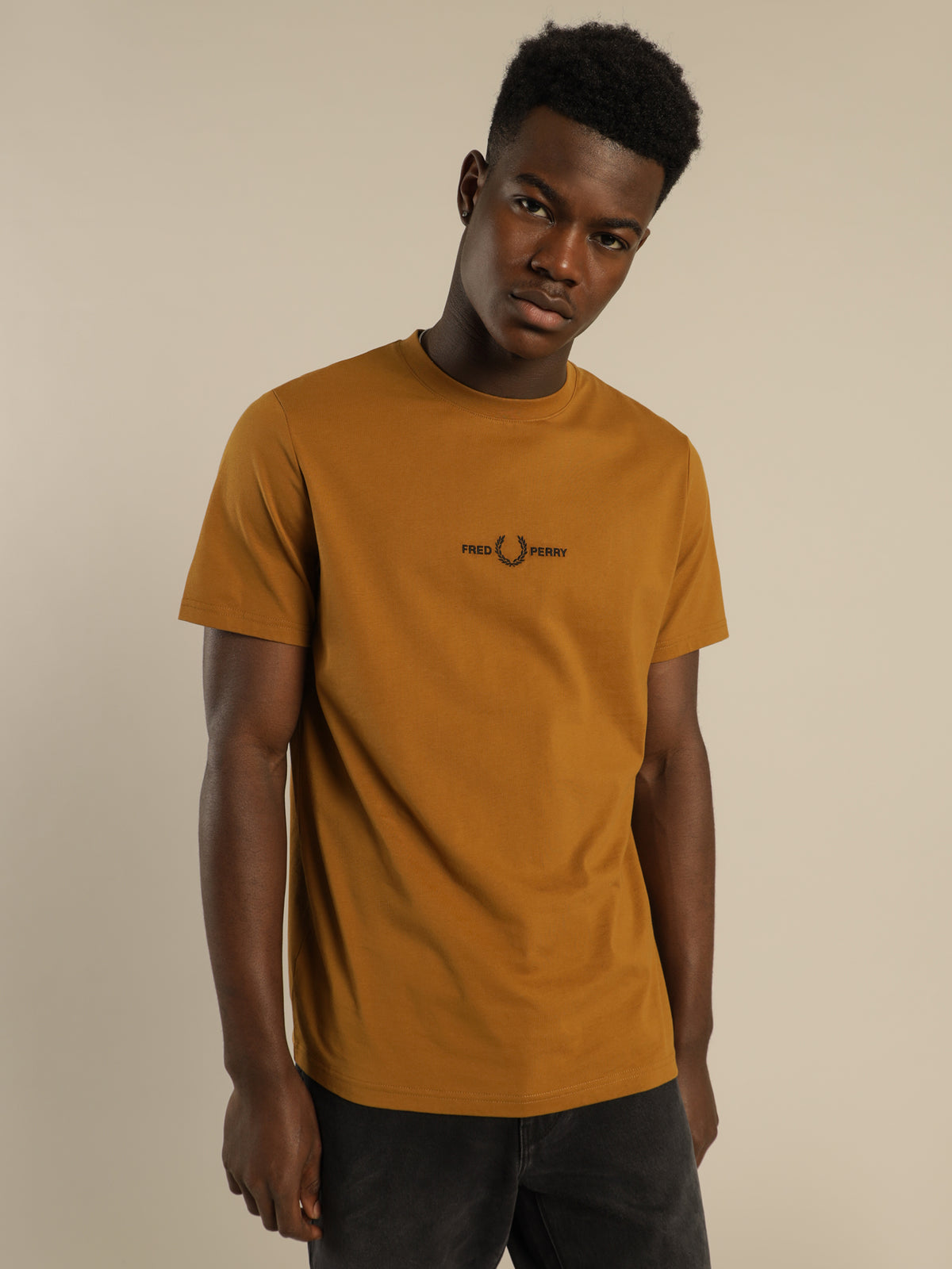 Fred Perry Embroidered T-Shirt in Dark Caramel | Caramel