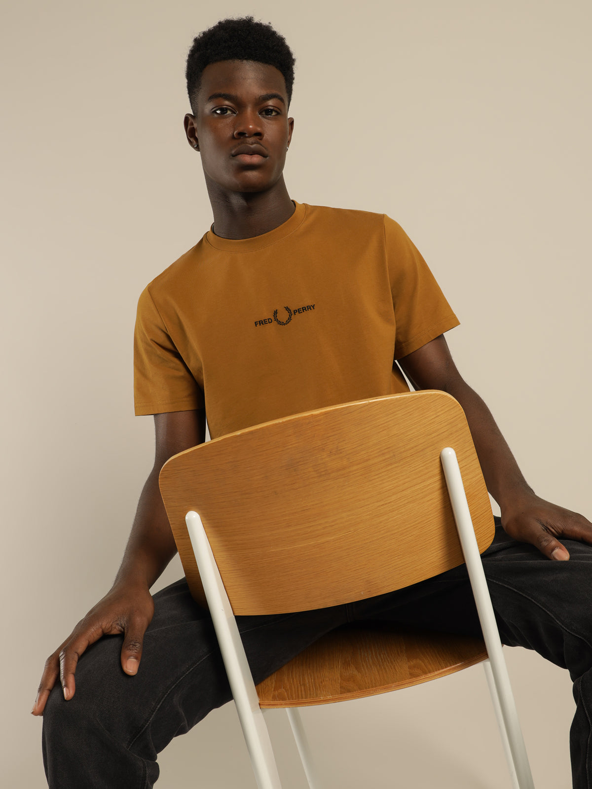 Fred Perry Embroidered T-Shirt in Dark Caramel | Caramel