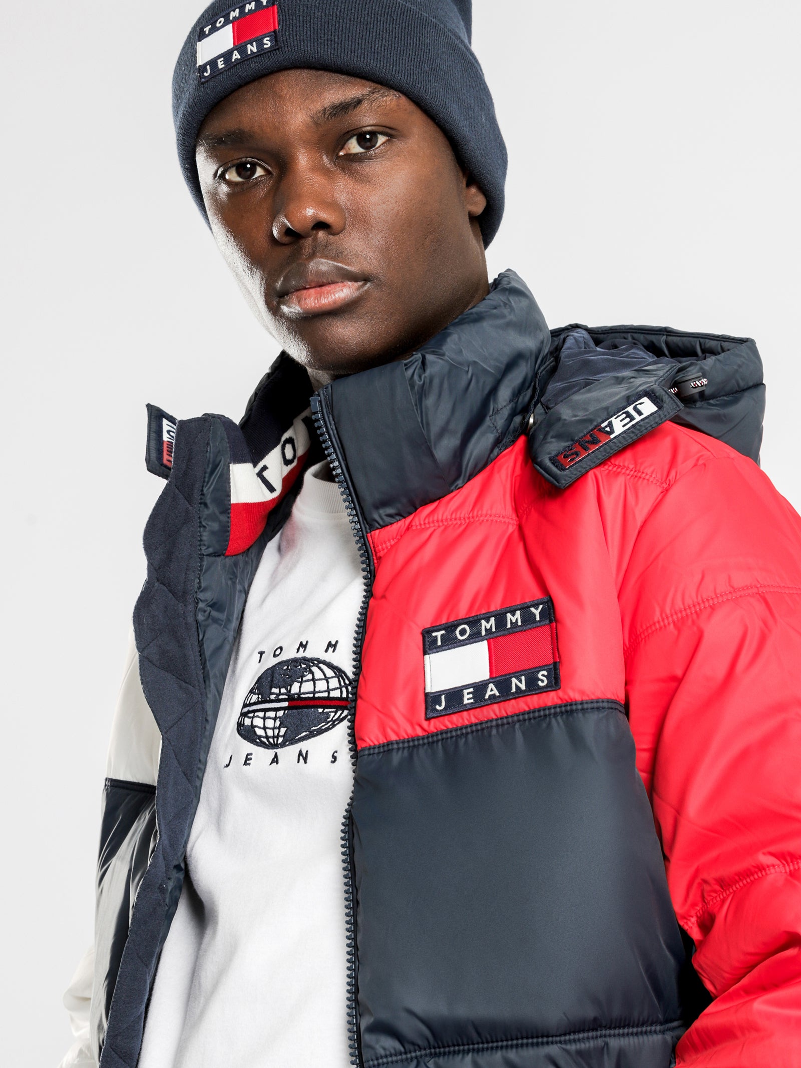 Essential Colour Block Puffer Jacket in Navy Red White Glue Store