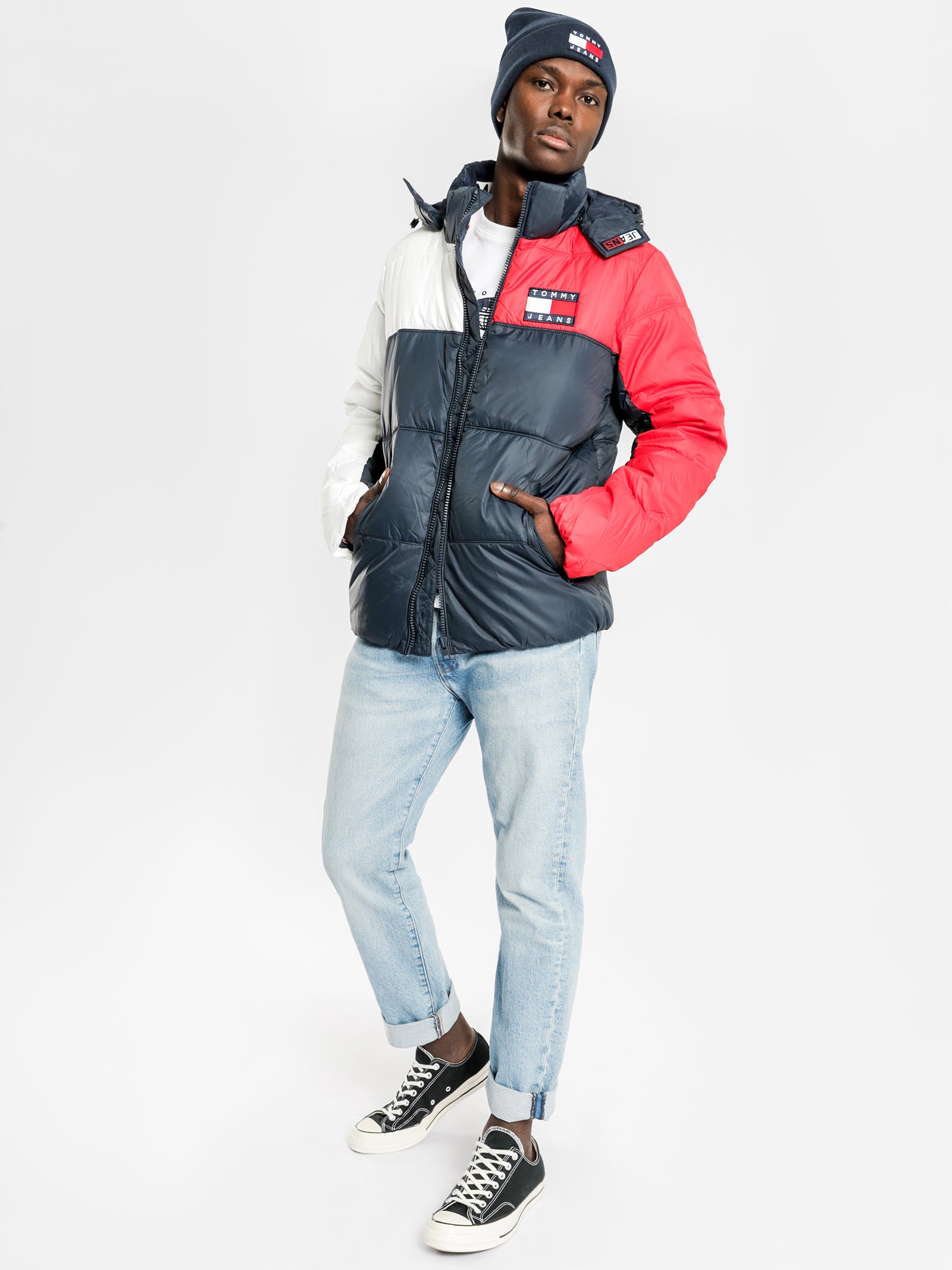 Navy red sale and white jacket