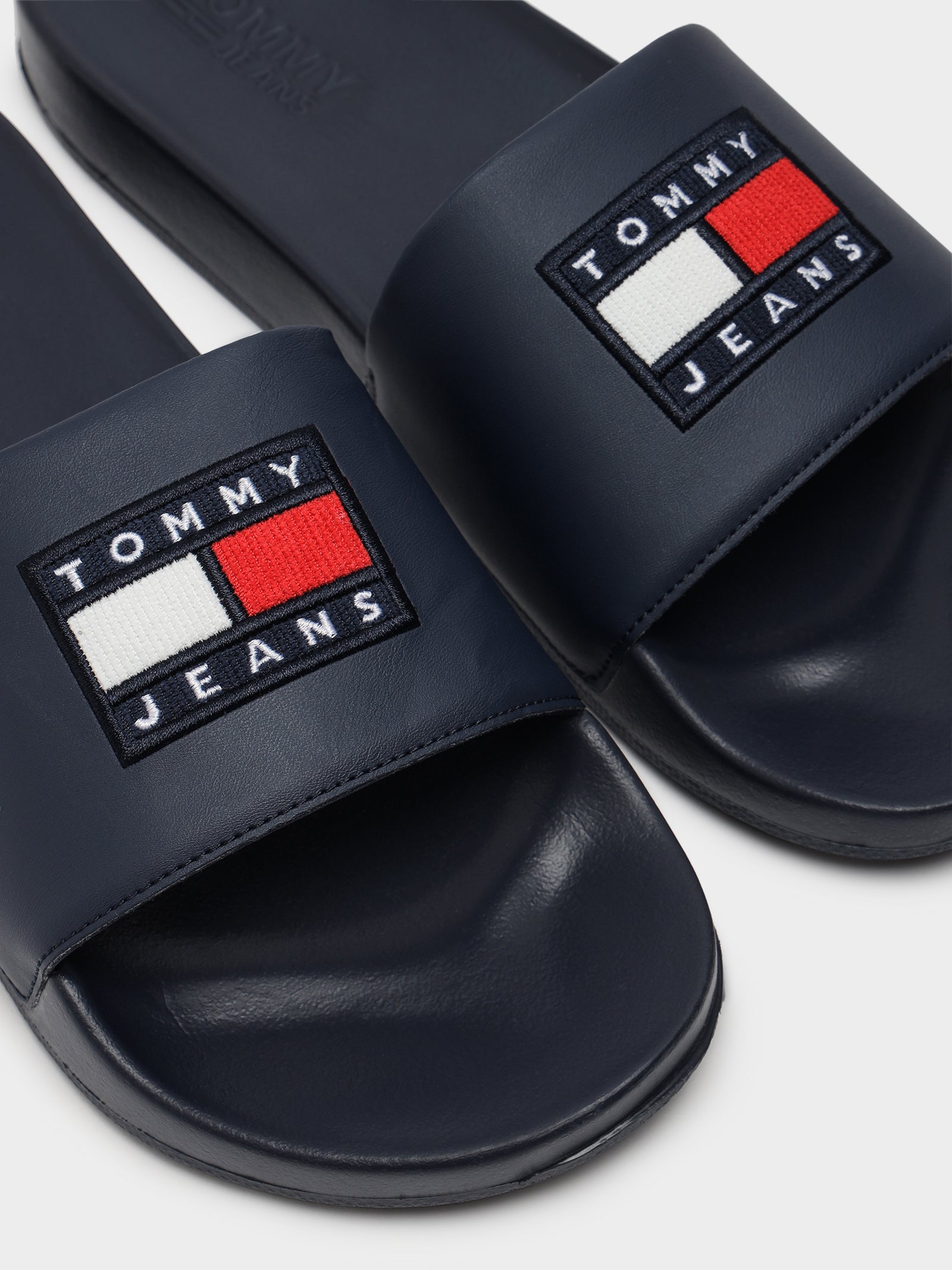 Mens Corduroy Tommy Badge Pool Slides in Navy