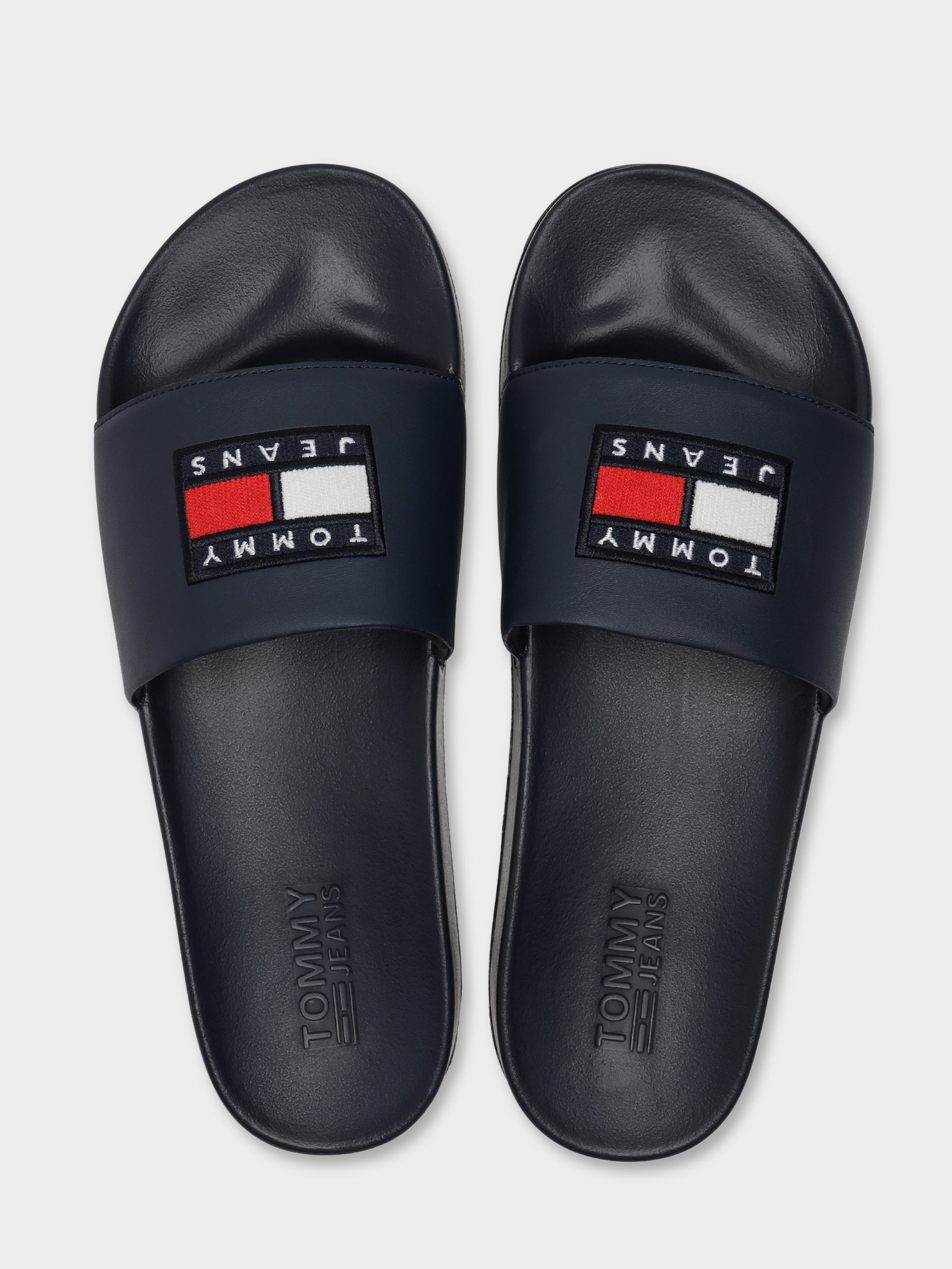 Mens Corduroy Tommy Badge Pool Slides in Navy