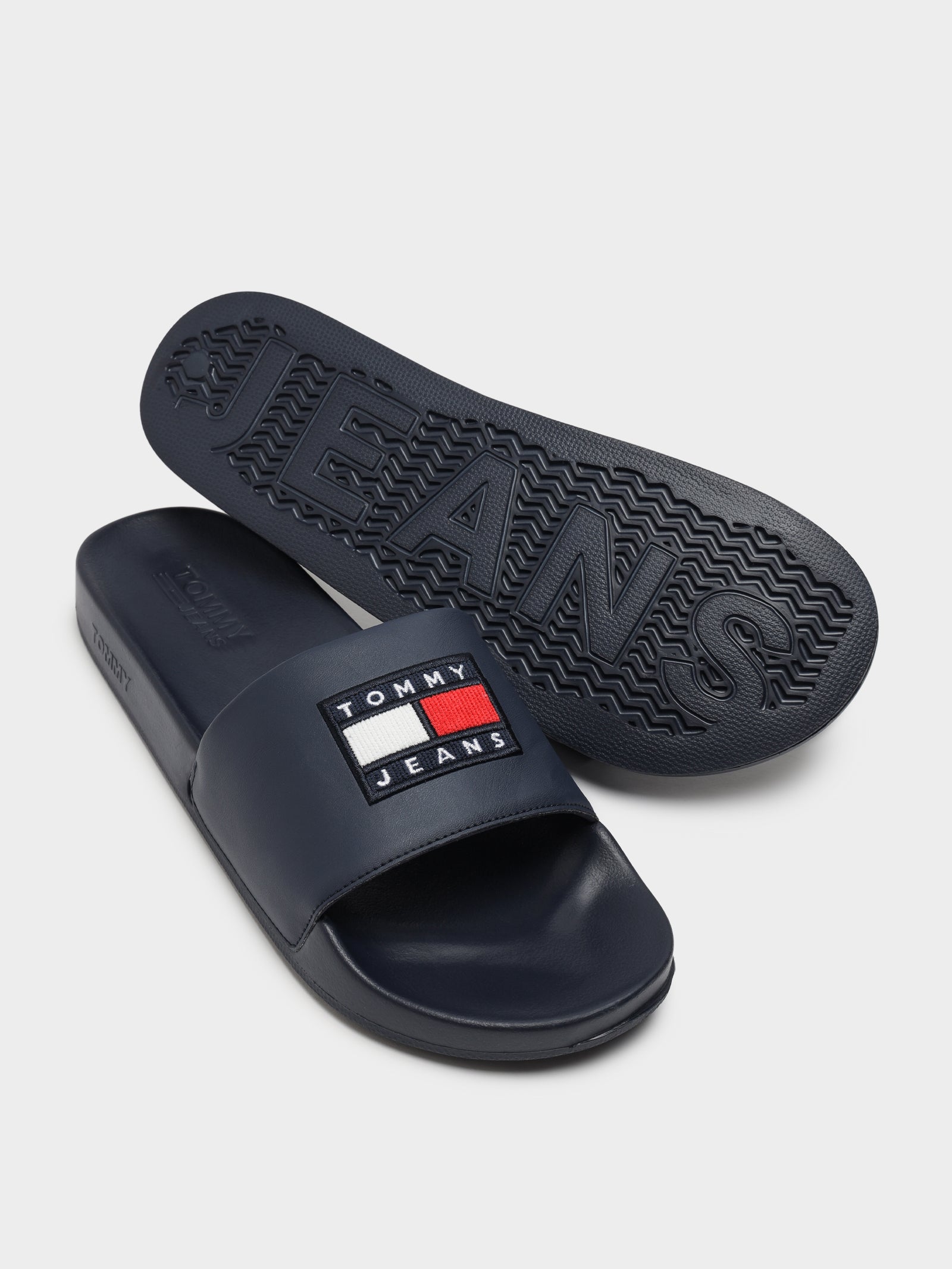 Mens Corduroy Tommy Badge Pool Slides in Navy