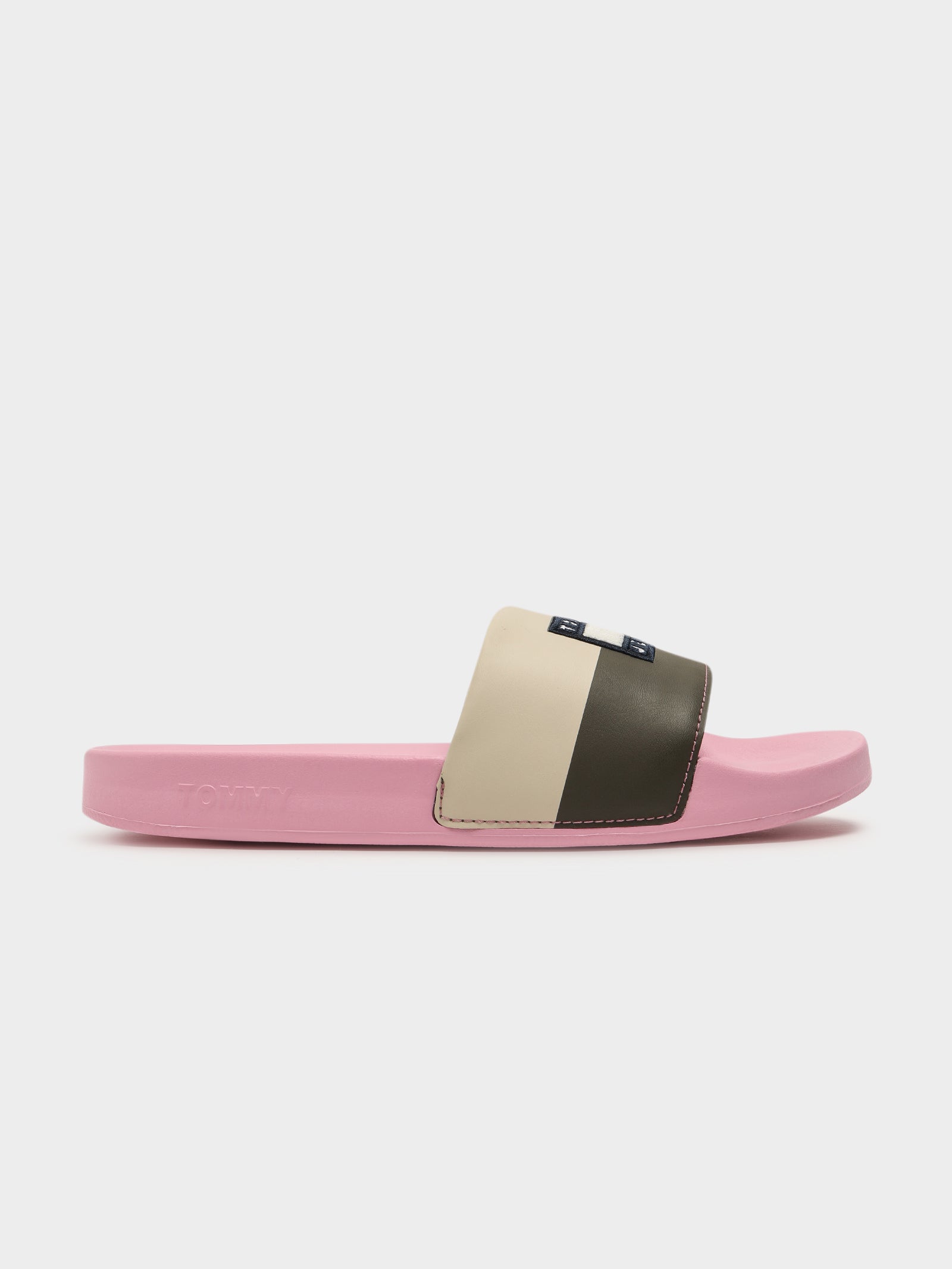 Womens Corduroy Flag Pool Slides in Matte Pink.