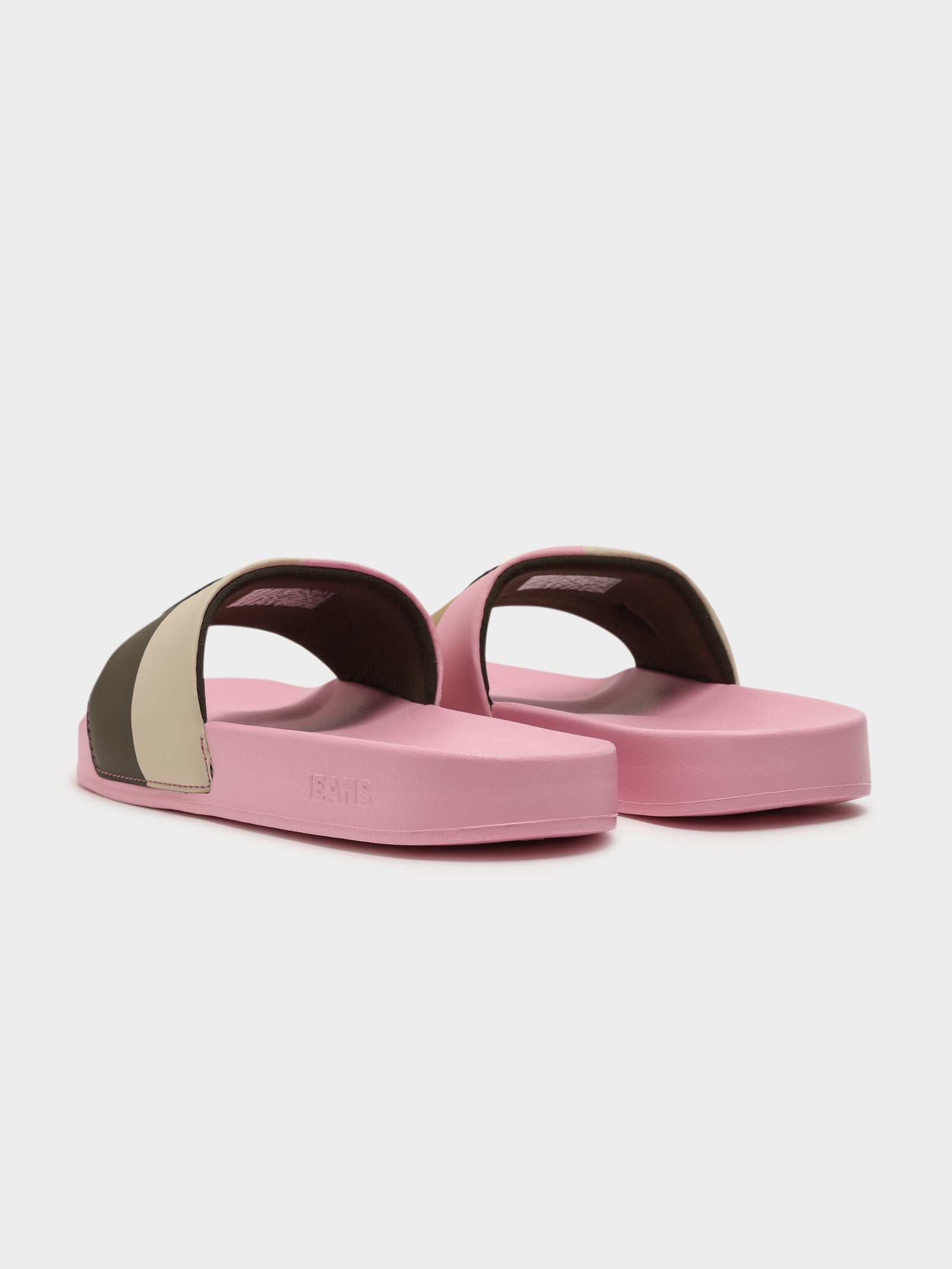 Womens Corduroy Flag Pool Slides in Matte Pink.