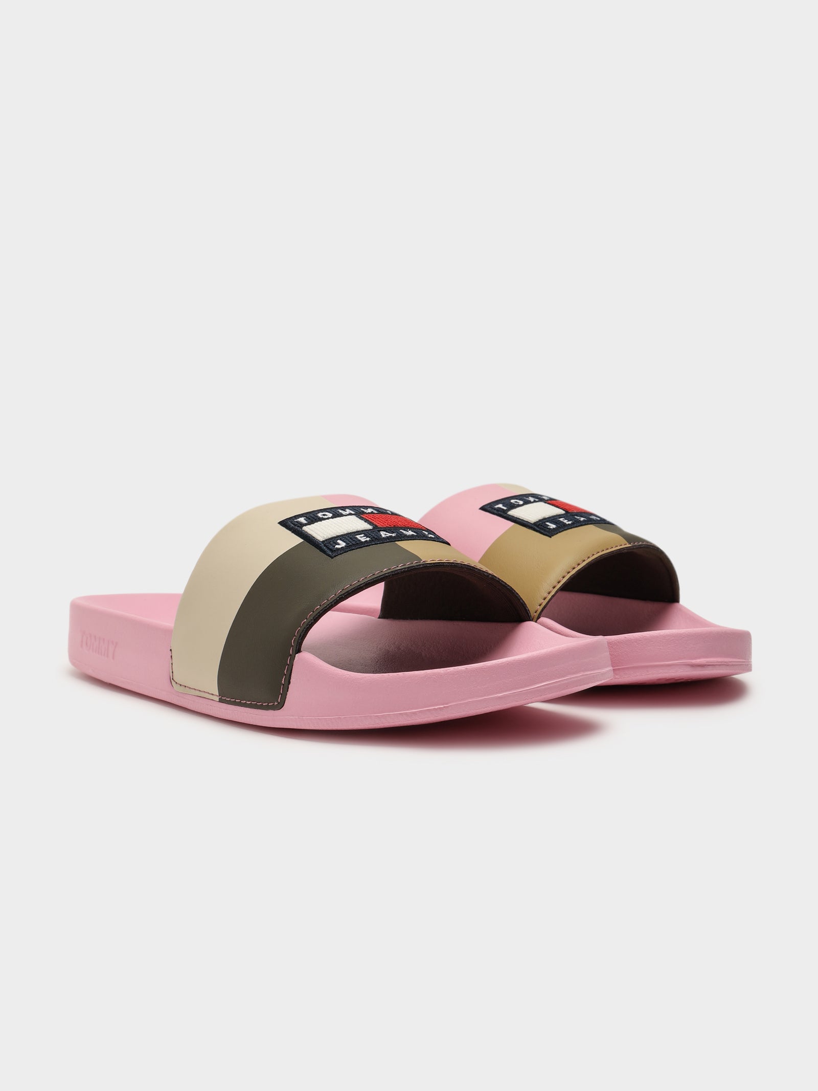 Womens Corduroy Flag Pool Slides in Matte Pink.