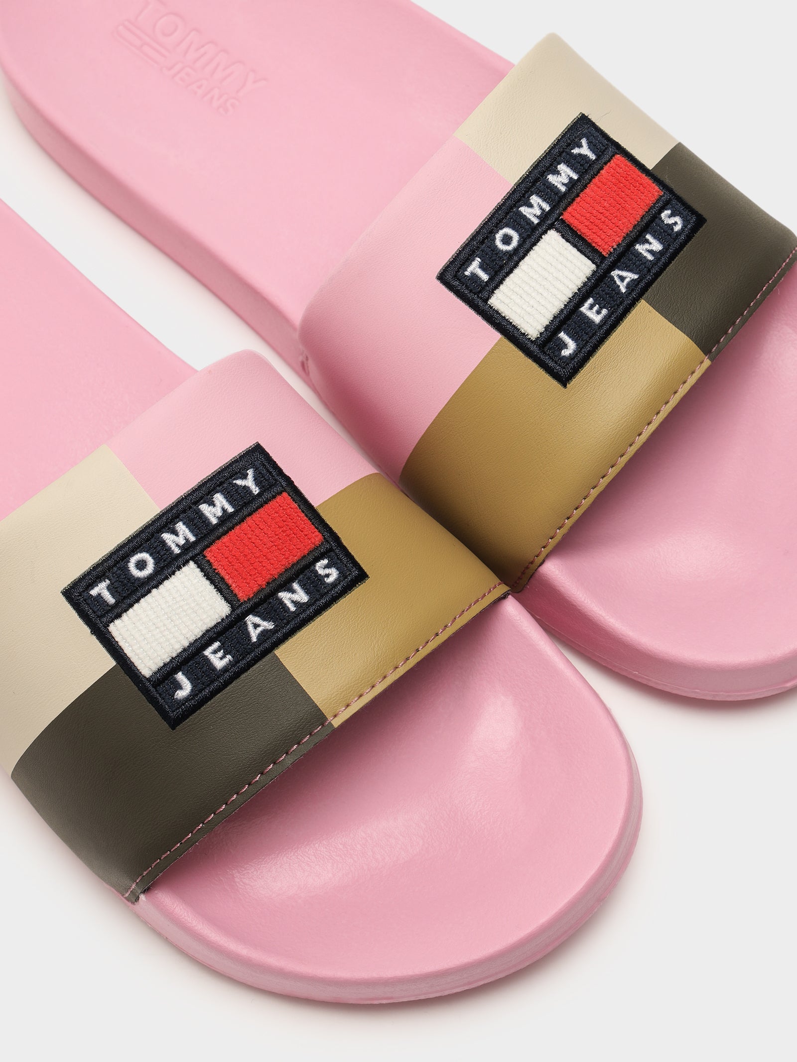 Womens Corduroy Flag Pool Slides in Matte Pink.