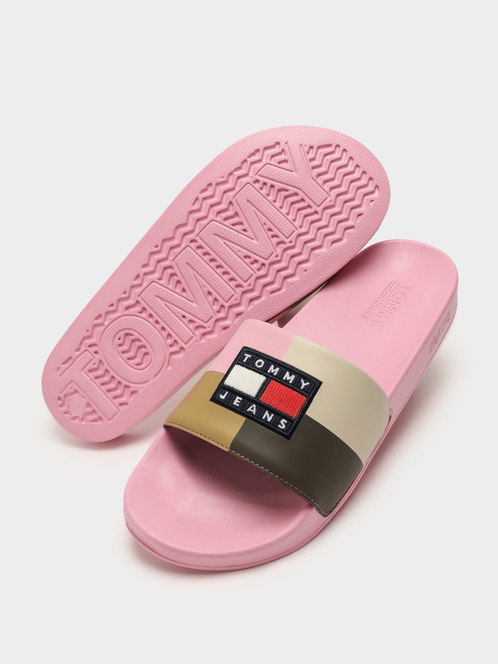 Womens Corduroy Flag Pool Slides in Matte Pink. Glue Store