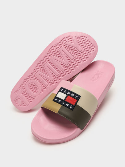 Womens Corduroy Flag Pool Slides in Matte Pink.