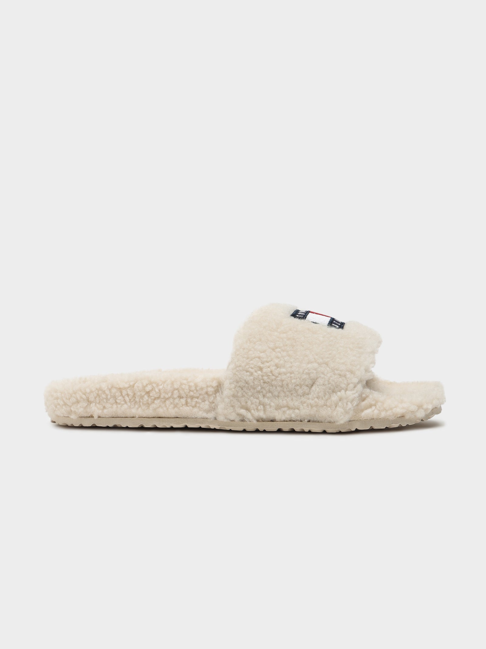 Womens Tommy Jeans Flag Sherpa Slides in Beige