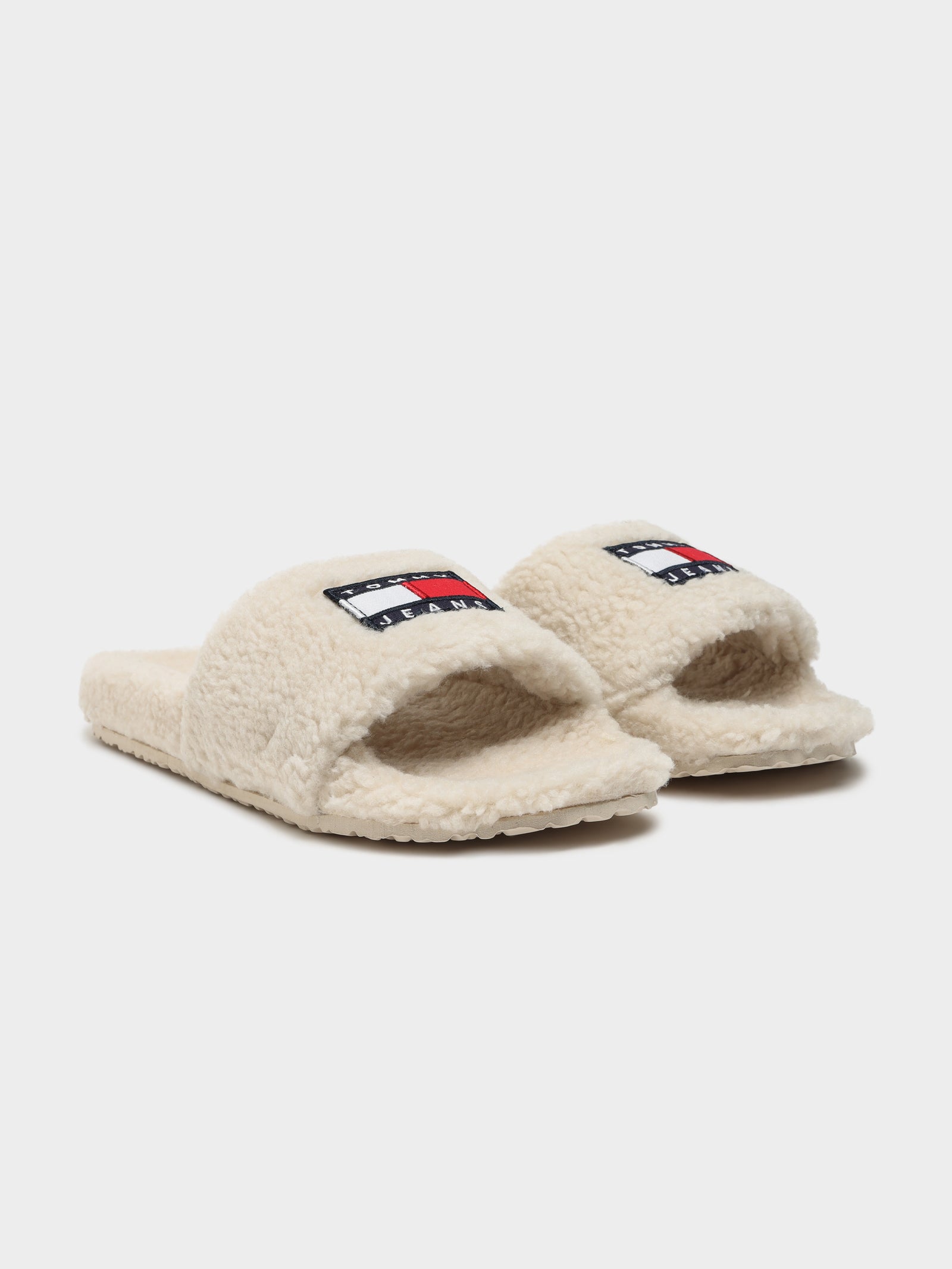 Womens Tommy Jeans Flag Sherpa Slides in Beige