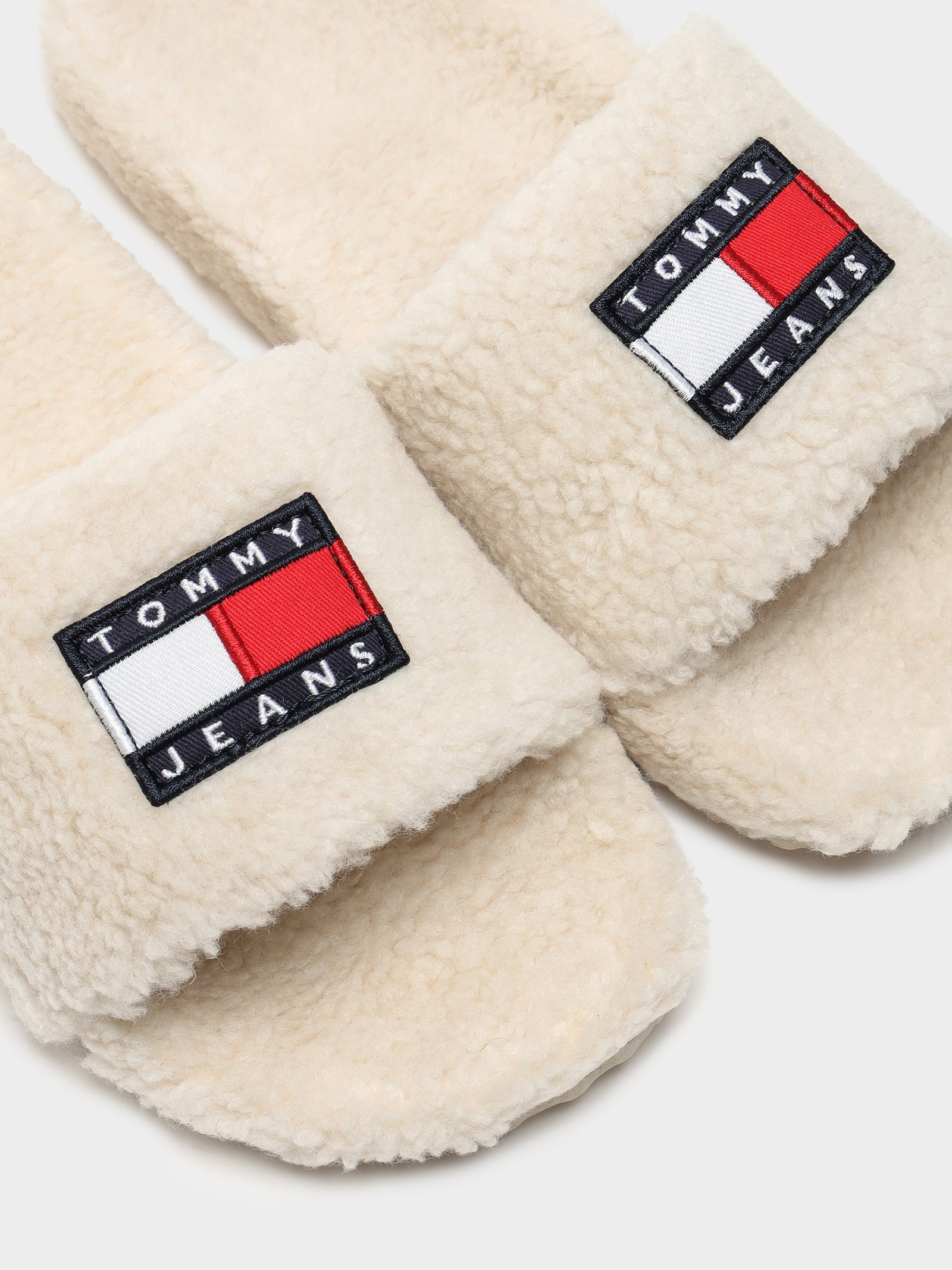 Womens Tommy Jeans Flag Sherpa Slides in Beige