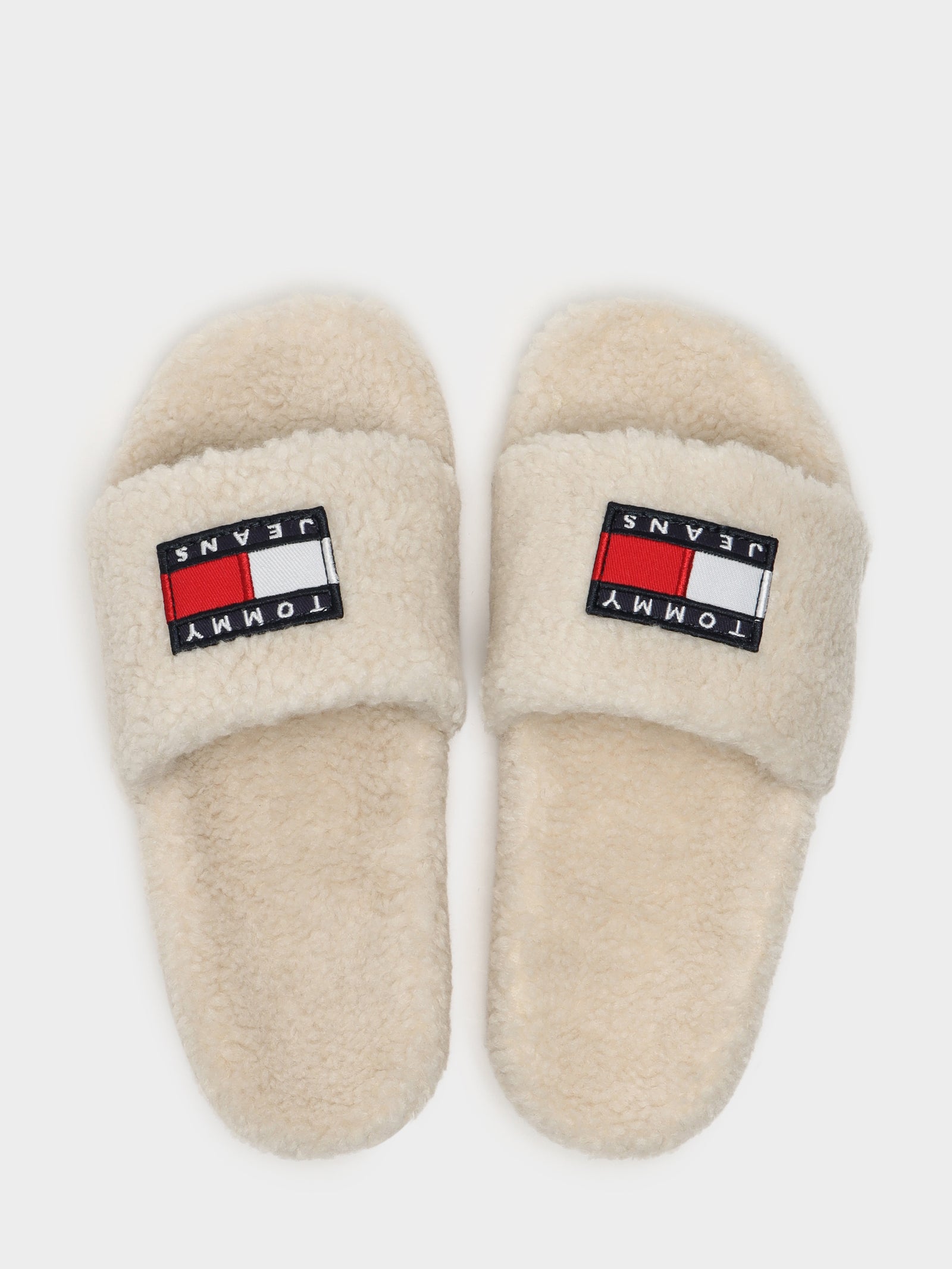 Womens Tommy Jeans Flag Sherpa Slides in Beige