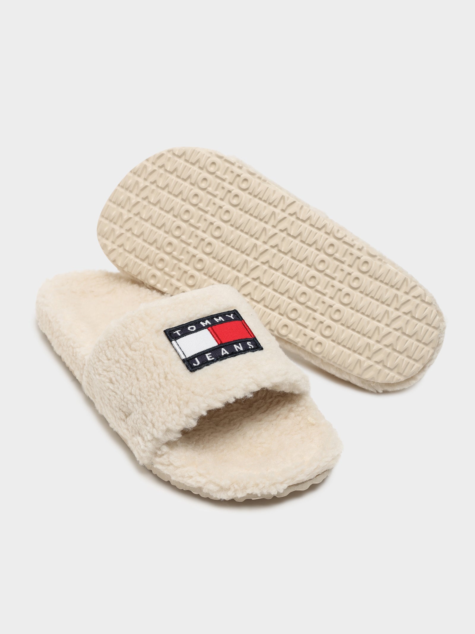 Womens Tommy Jeans Flag Sherpa Slides in Beige