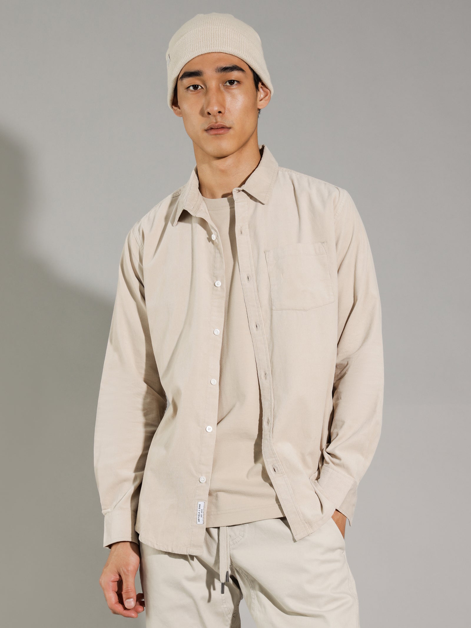 Miguel Corduroy Long Sleeve Shirt in Stone