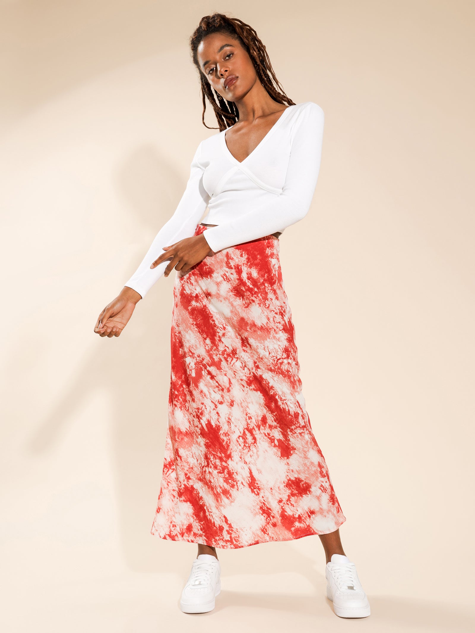 red and white maxi skirt