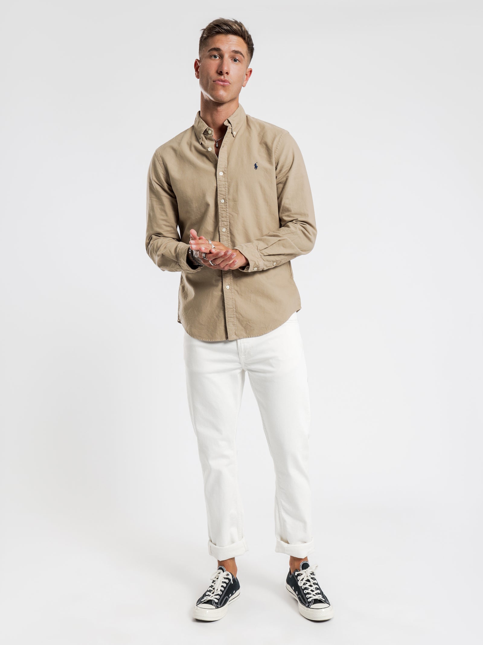 Slim-Fit Oxford Long Sleeve Shirt in Tan