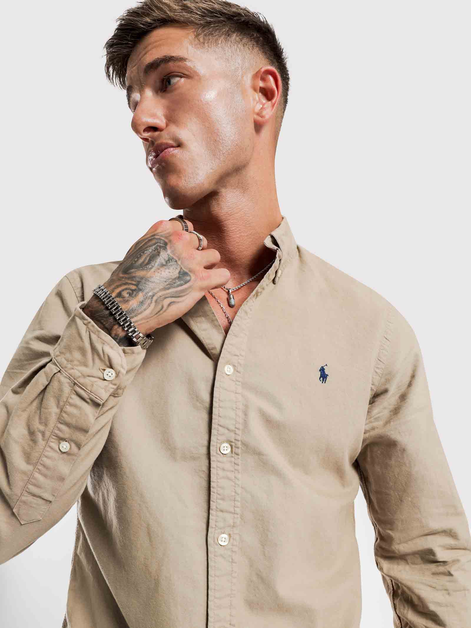 Slim-Fit Oxford Long Sleeve Shirt in Tan