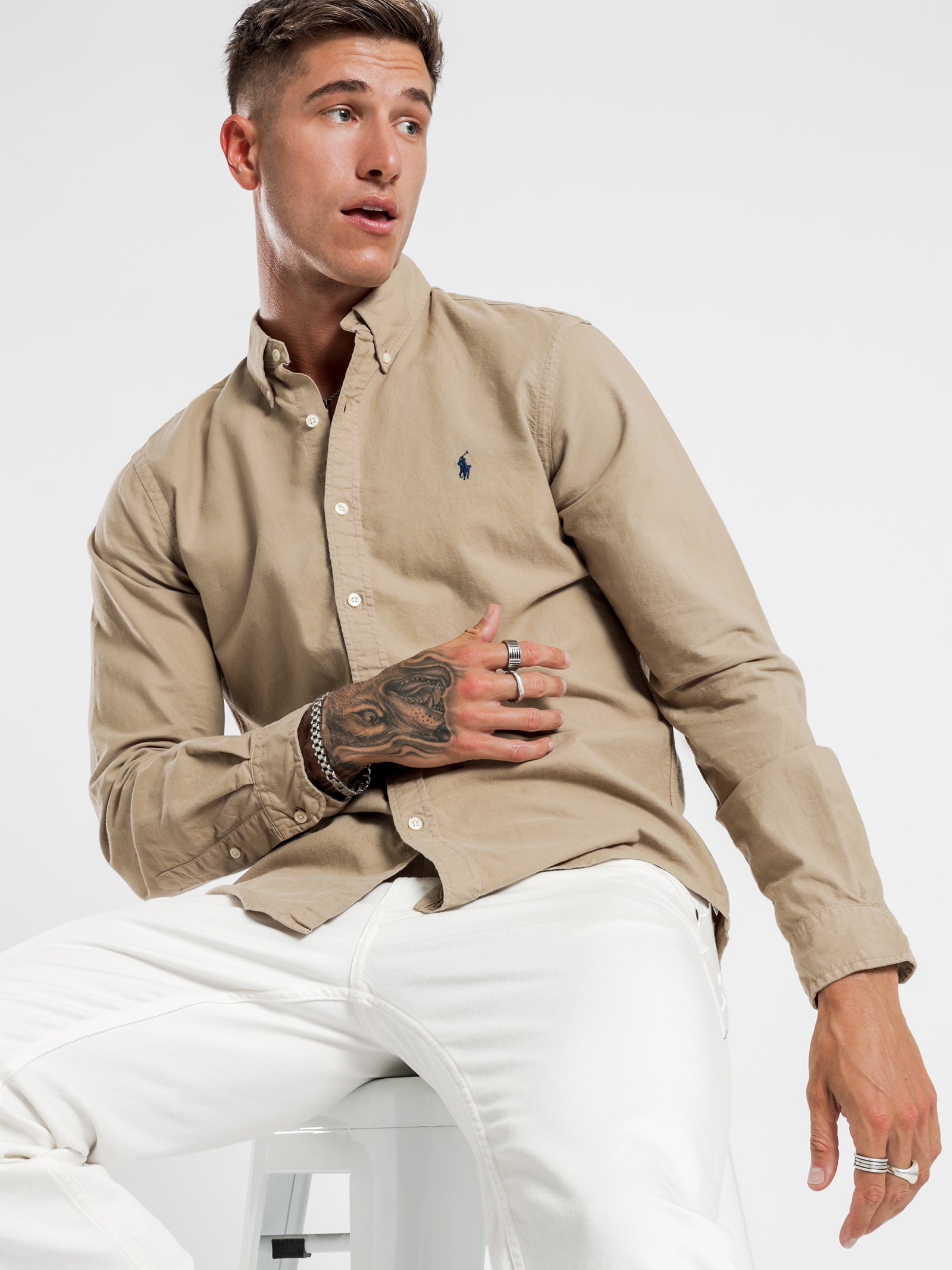 Slim-Fit Oxford Long Sleeve Shirt in Tan