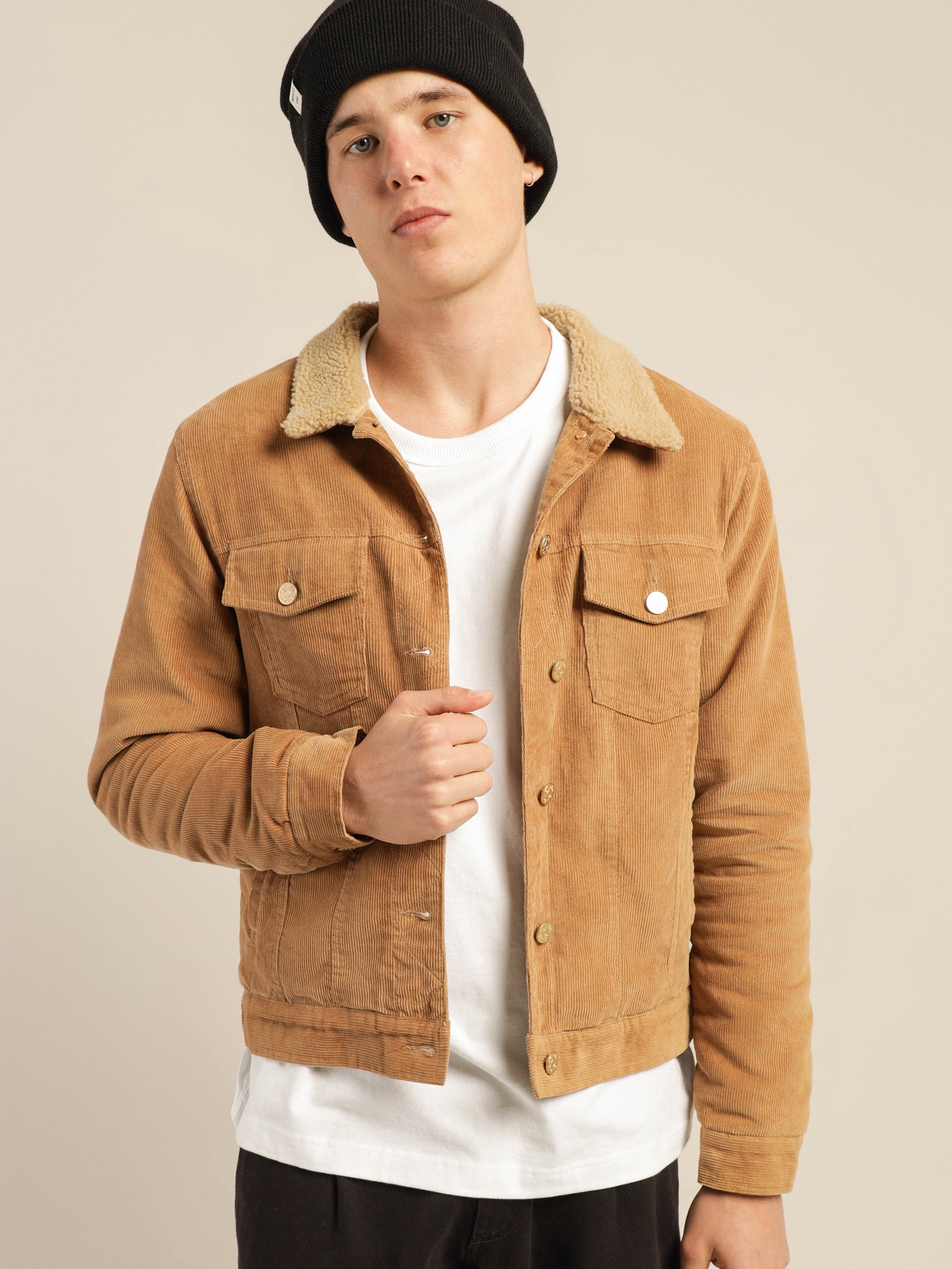 Rehan Cord Sherpa Jacket in Musk Tan