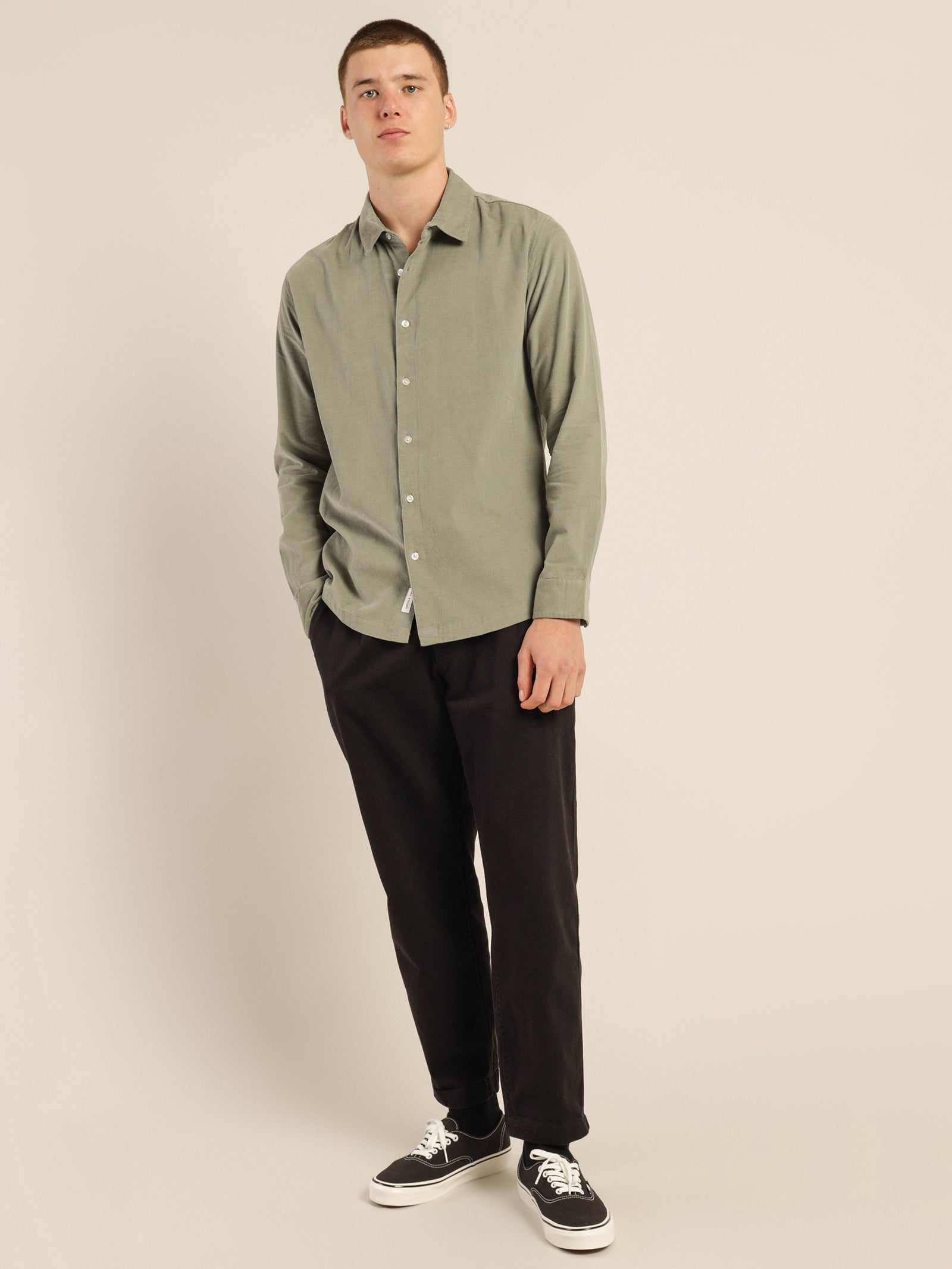 Soren Micro-Cord Long Sleeve Shirt in Willow Green