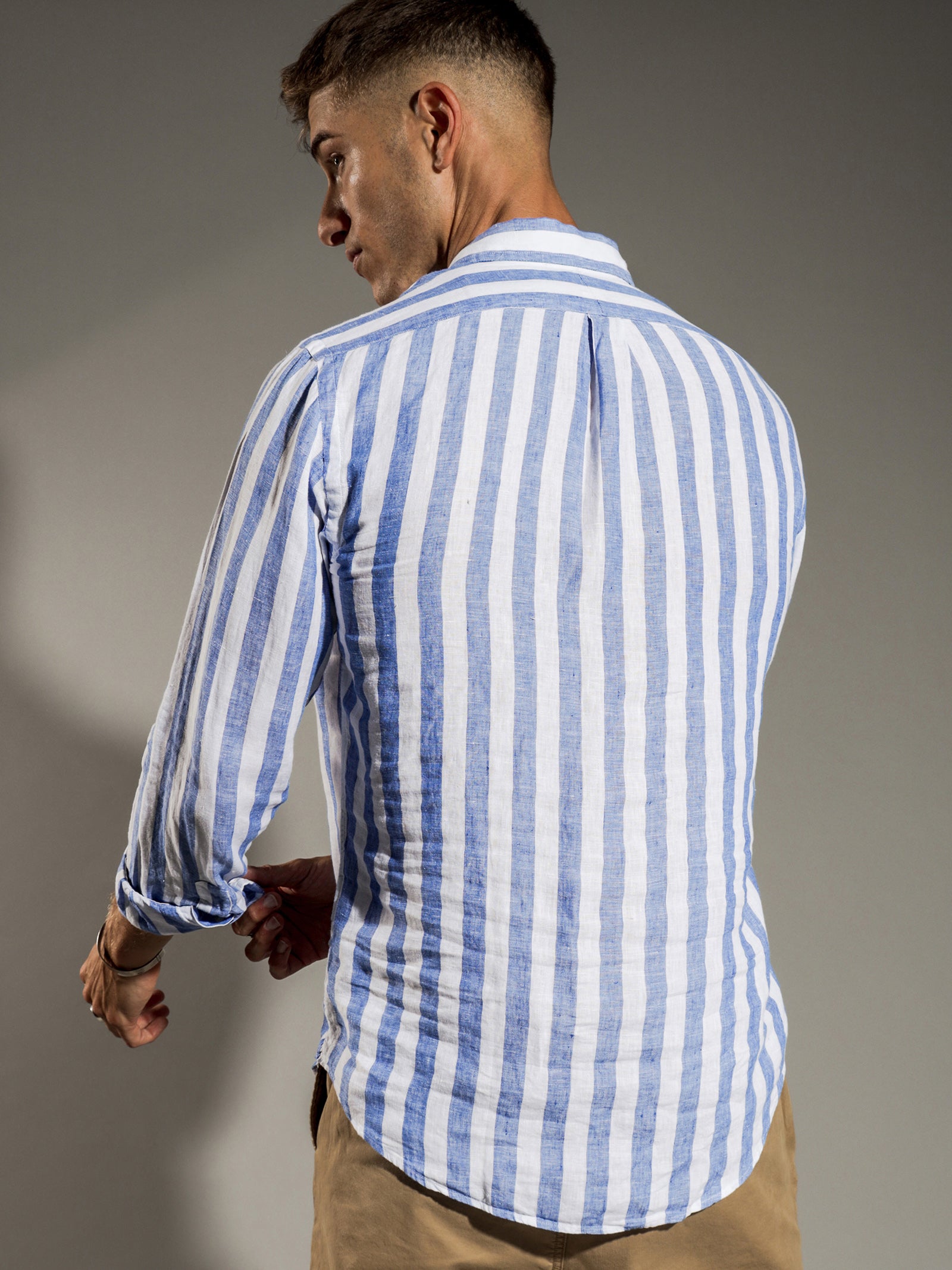 Linen Stripe Long Sleeve T-Shirt in Blue & White