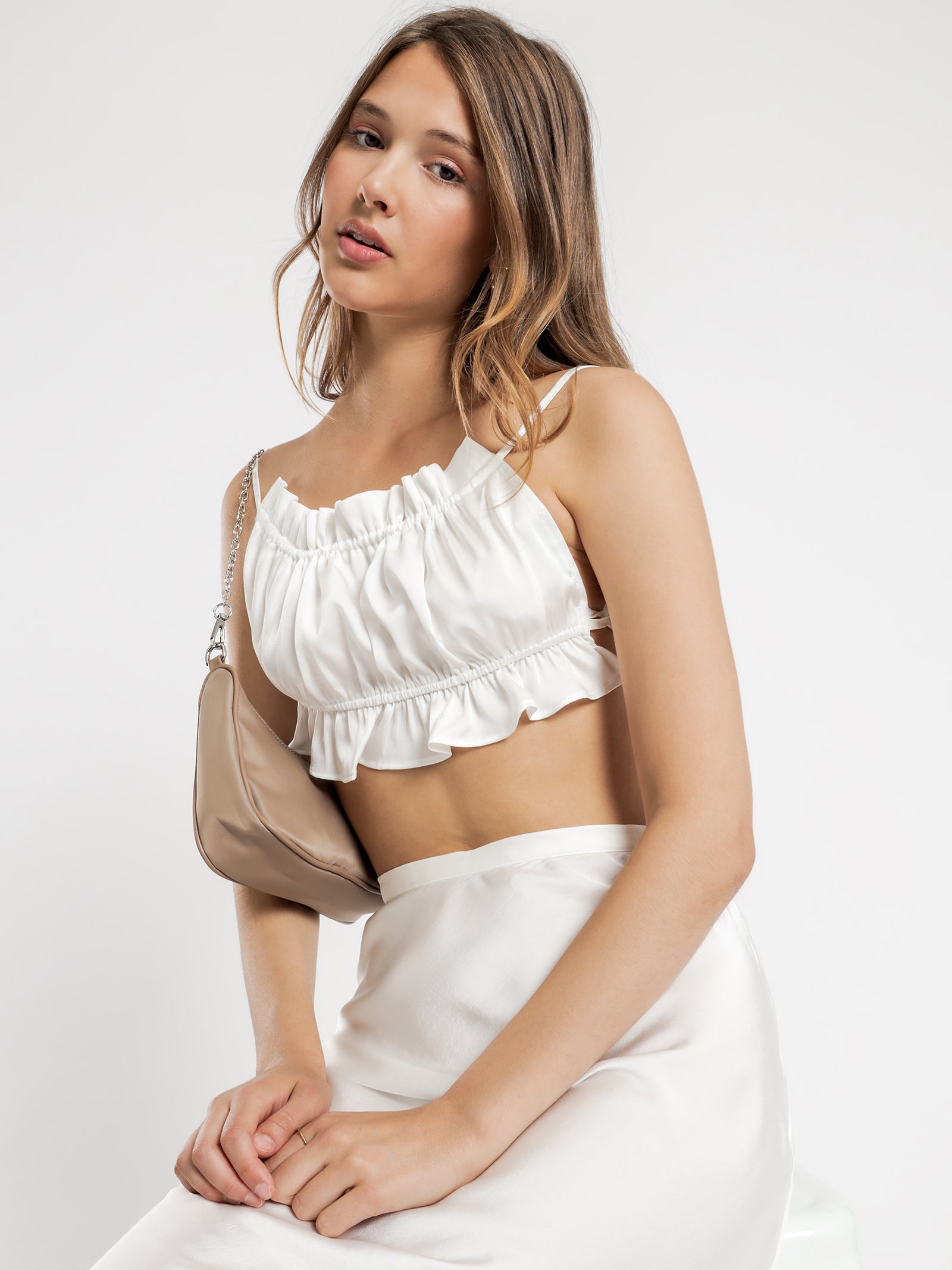 Kayla Satin Cami Crop Top in Shell White - Glue Store