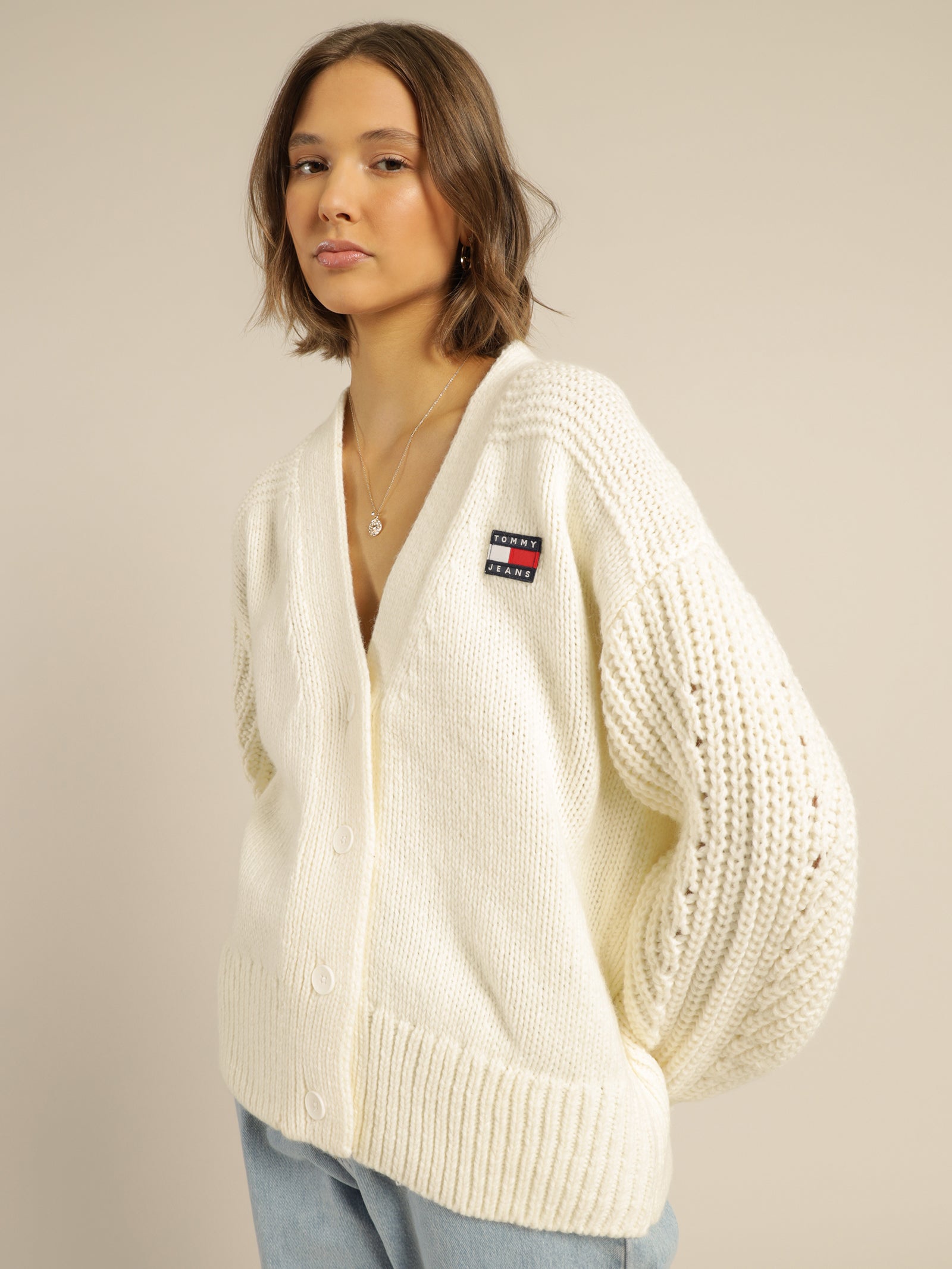 Oversized Badge Cardigan in Ecru - Glue Store