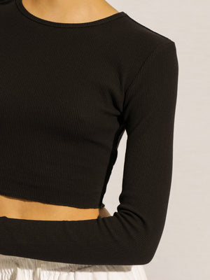 Cameron Waffle Crop Long Sleeve T-Shirt in Black - Glue Store