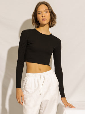 Cameron Waffle Crop Long Sleeve T-Shirt in Black - Glue Store