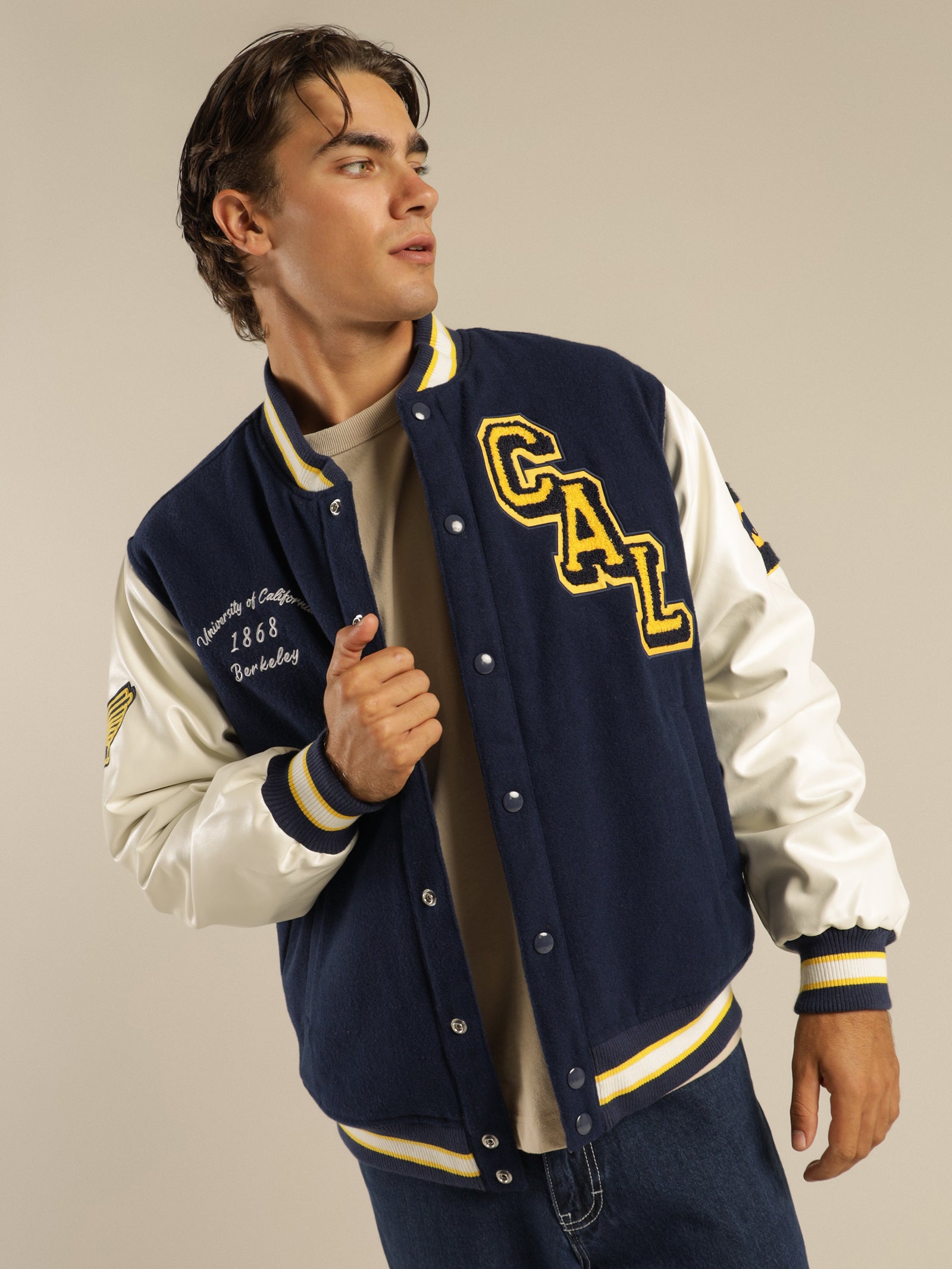 Two Tone Letterman Jacket in Navy - Glue Store