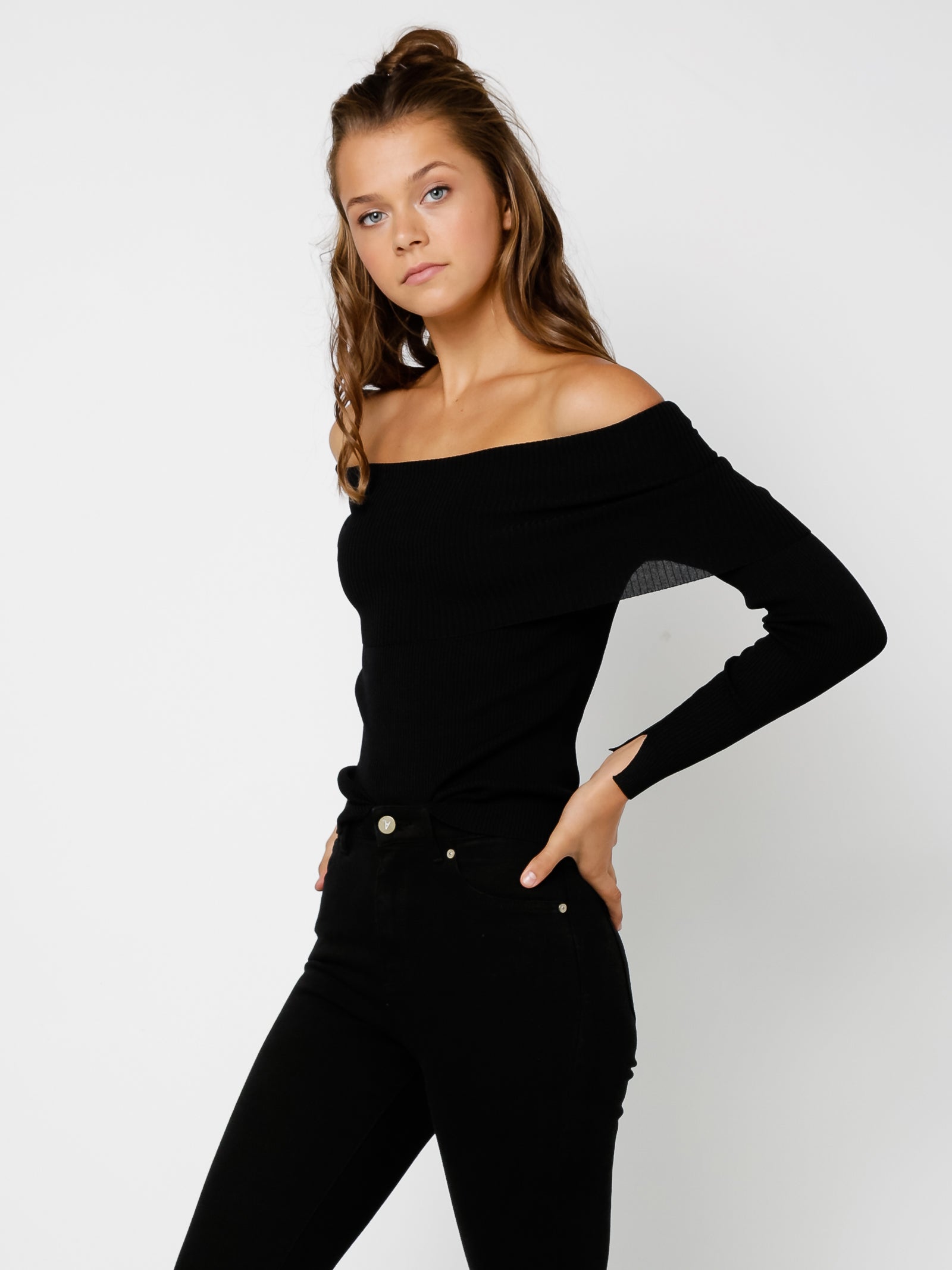 Black Stretch Fold Over Bardot Long Sleeve Top