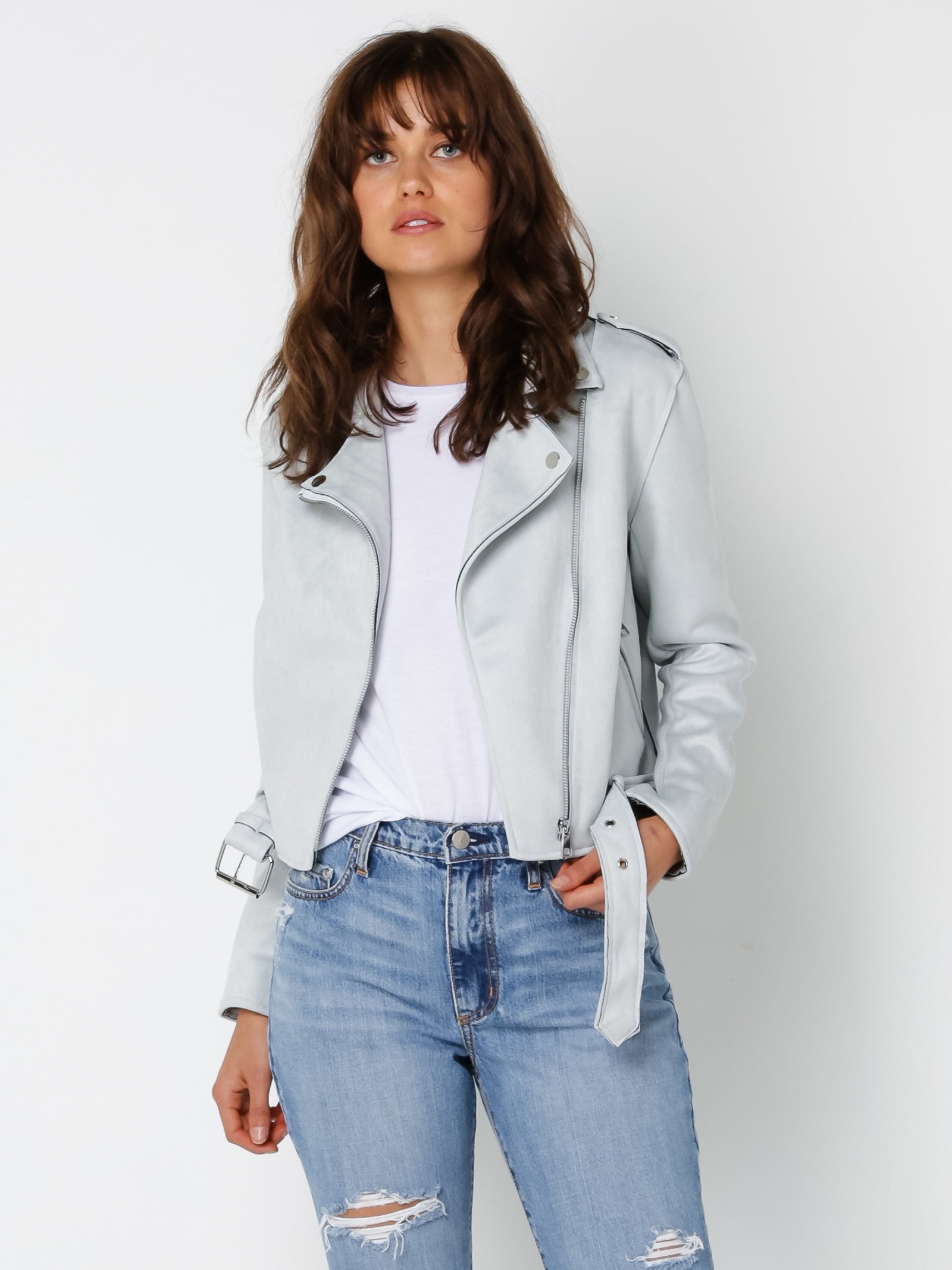 Light blue faux on sale suede biker jacket