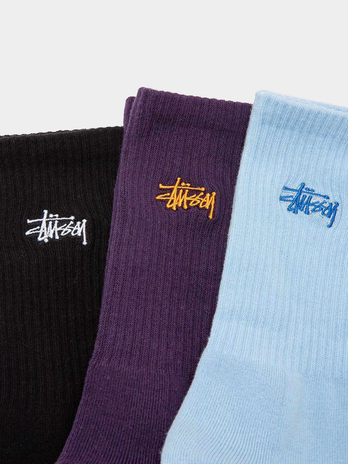 Stussy 3 Pairs of Crew Socks in Blue, Purple & Black | Multi