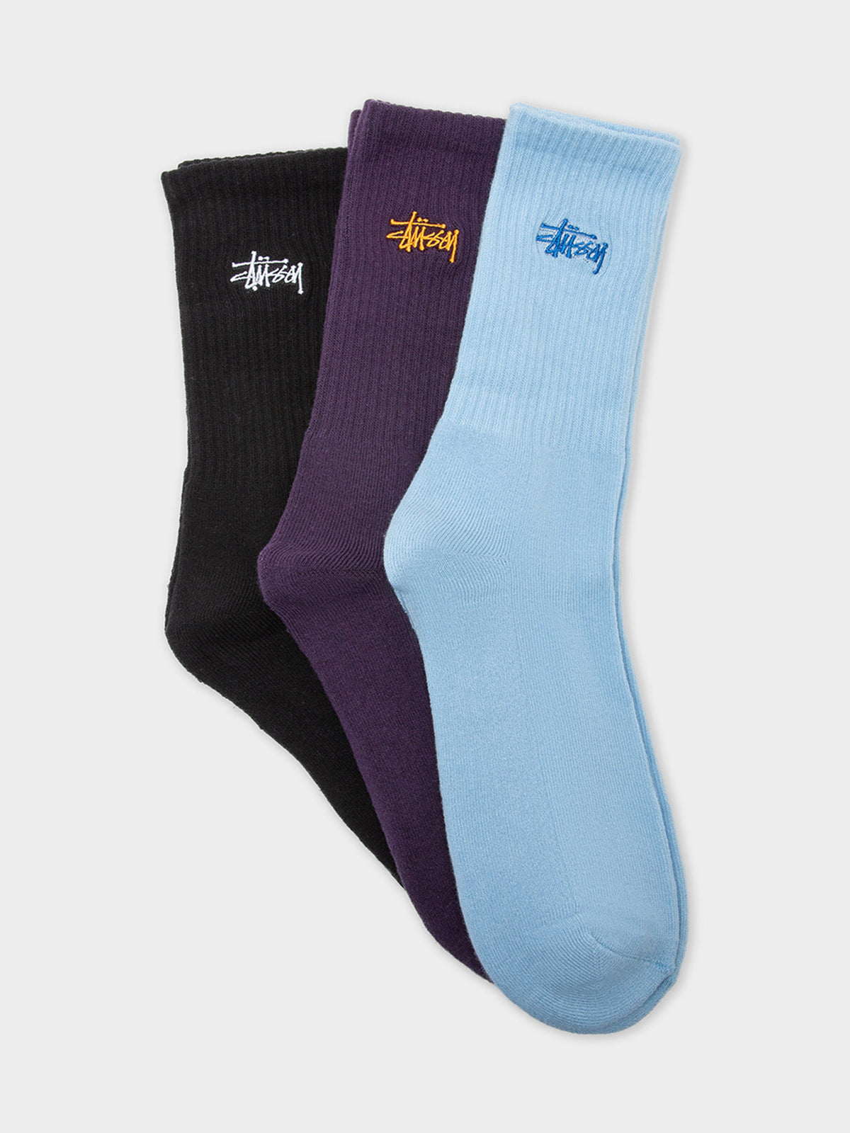 Stussy 3 Pairs of Crew Socks in Blue, Purple & Black | Multi