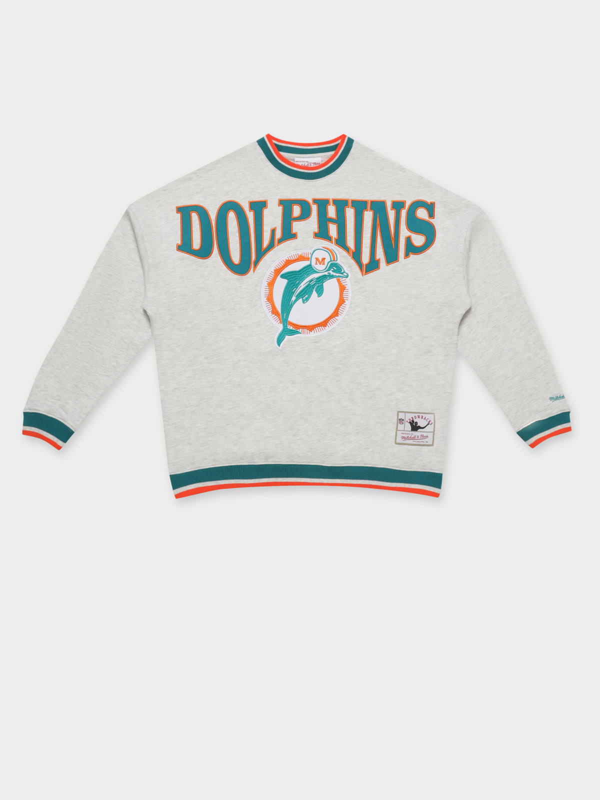 Mitchell & Ness Dolphins Satin Embroidered Crew in White Marle | White Marl