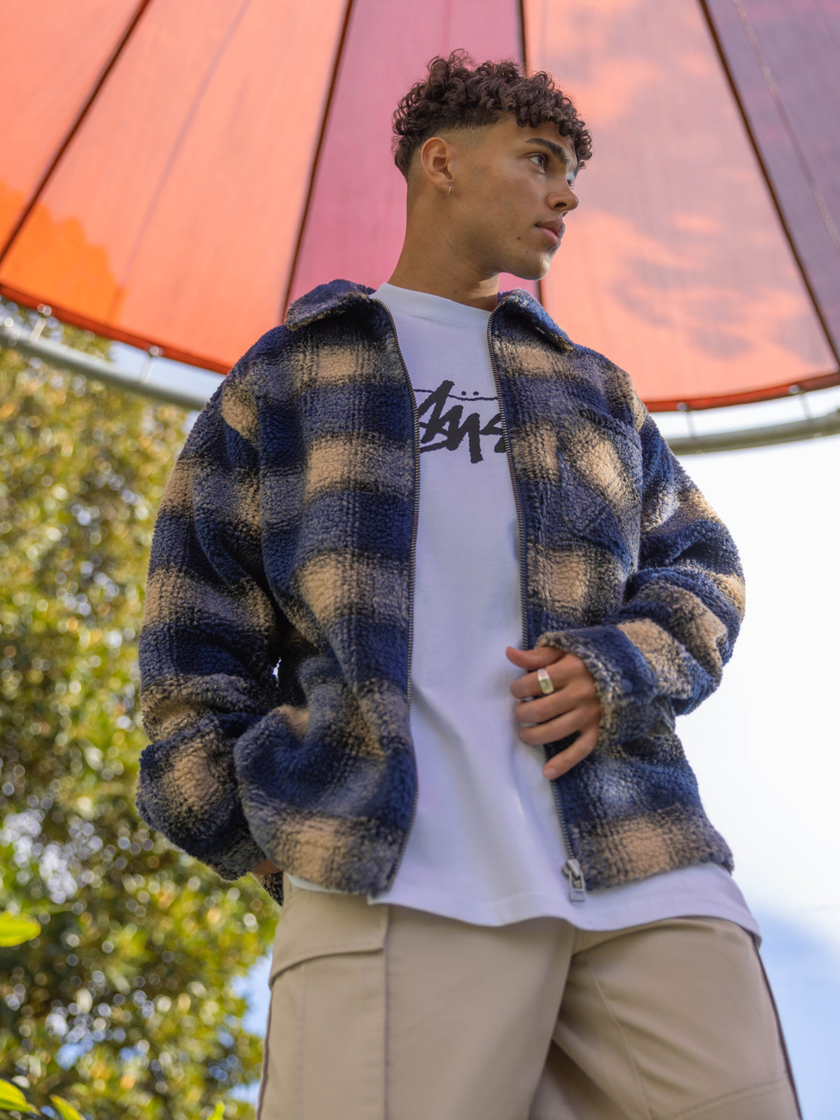 Stussy Shadow Plaid Sherpa Zip Shirt in Navy Navy | Glue Store