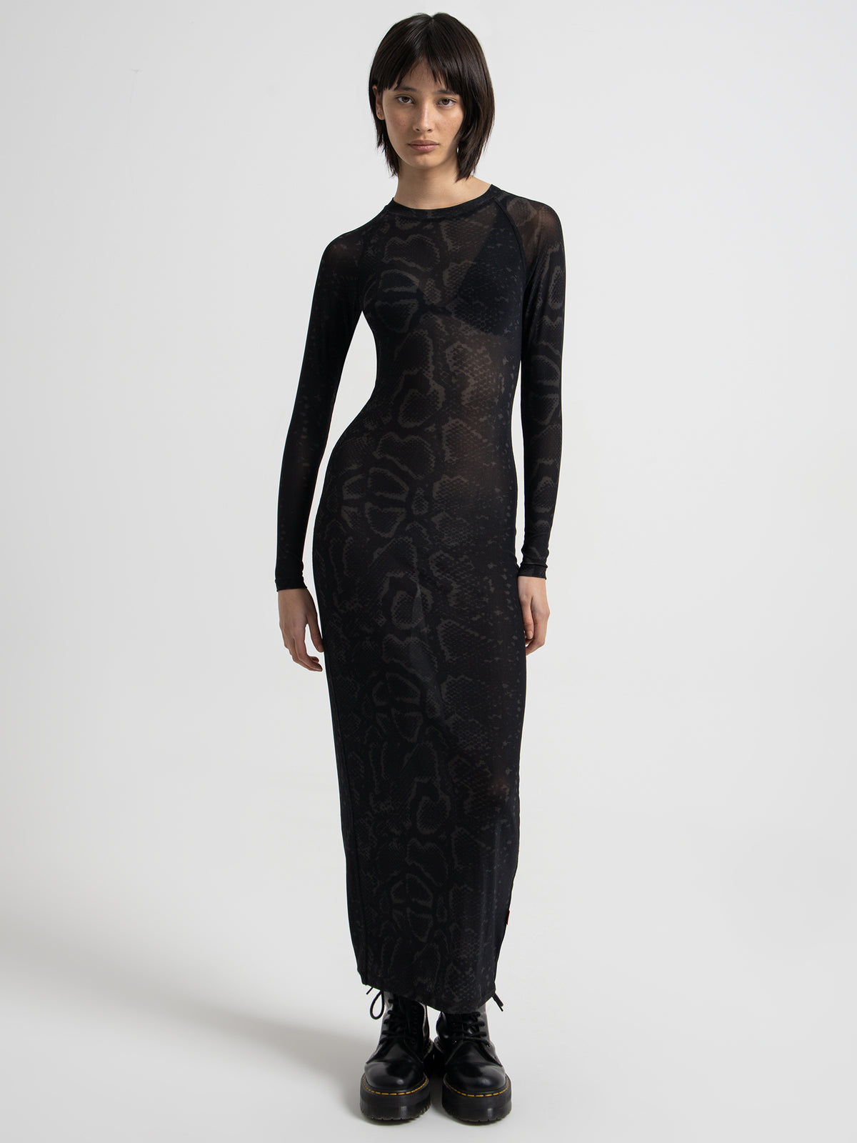 Worship Viper Long Sleeve Mesh Maxi Dress in Washed Black | Washed Black