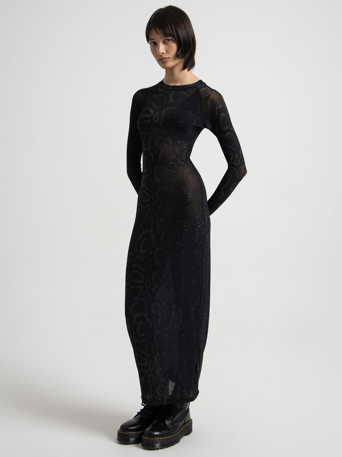 Worship Viper Long Sleeve Mesh Maxi Dress in Washed Black | Washed Black